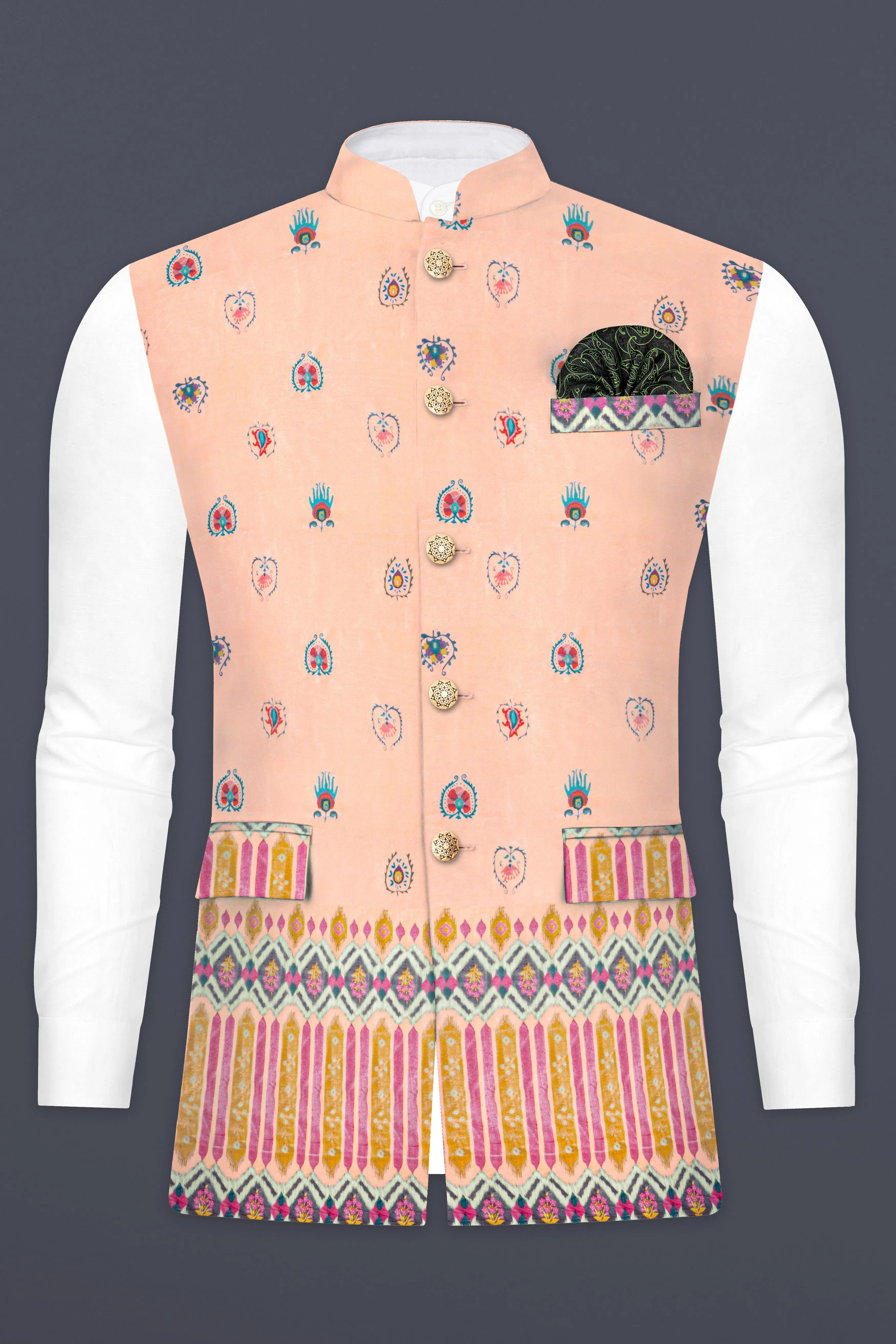 Spanish Peach And Glacier Blue Velvet Printed Designer Nehru Jacket sold by French Crown product image thumbnail 2