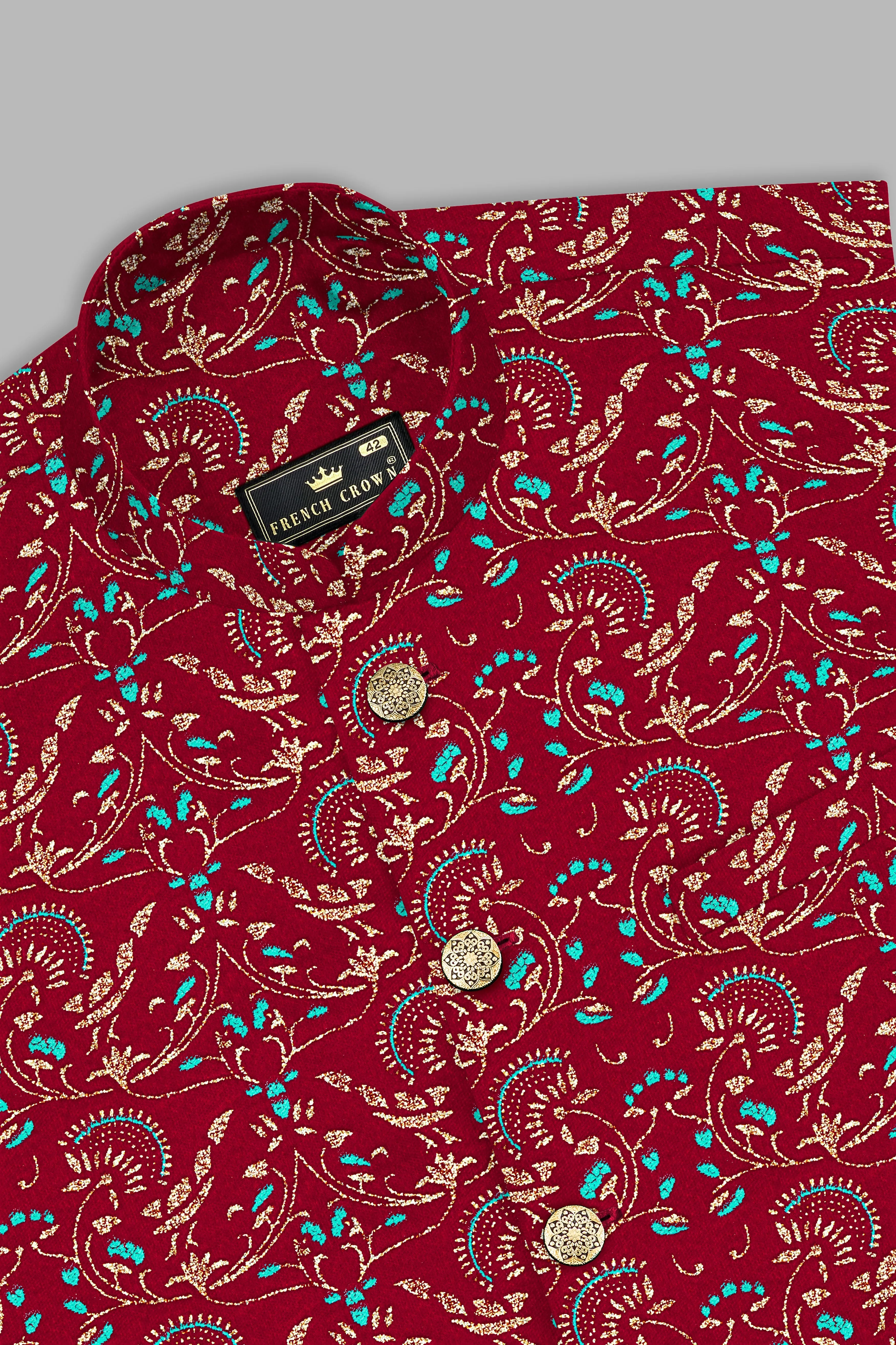 Claret Red And Aqua Marine Blue Velvet Printed Designer Nehru Jacket sold by French Crown product image thumbnail 4