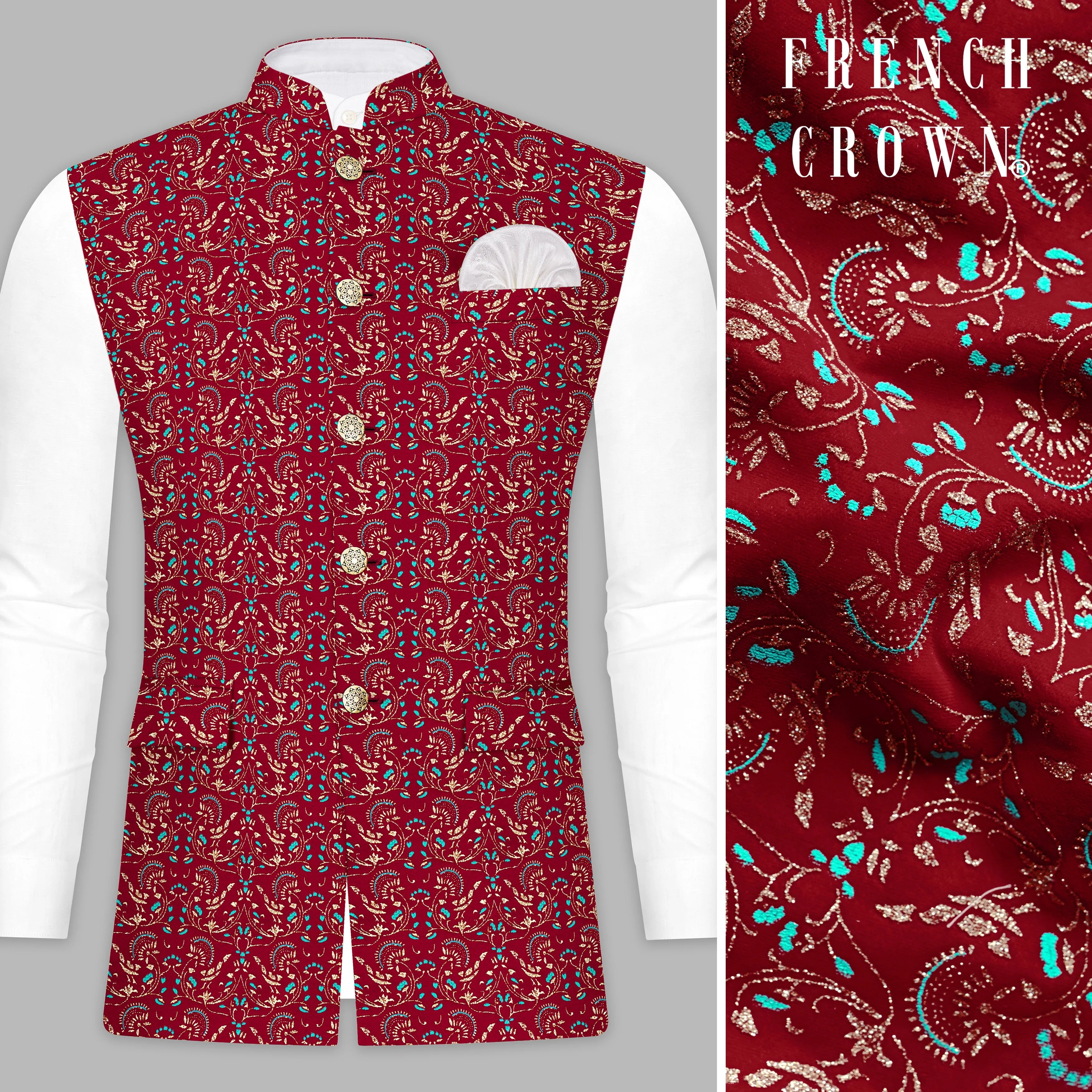 Claret Red And Aqua Marine Blue Velvet Printed Designer Nehru Jacket sold by French Crown