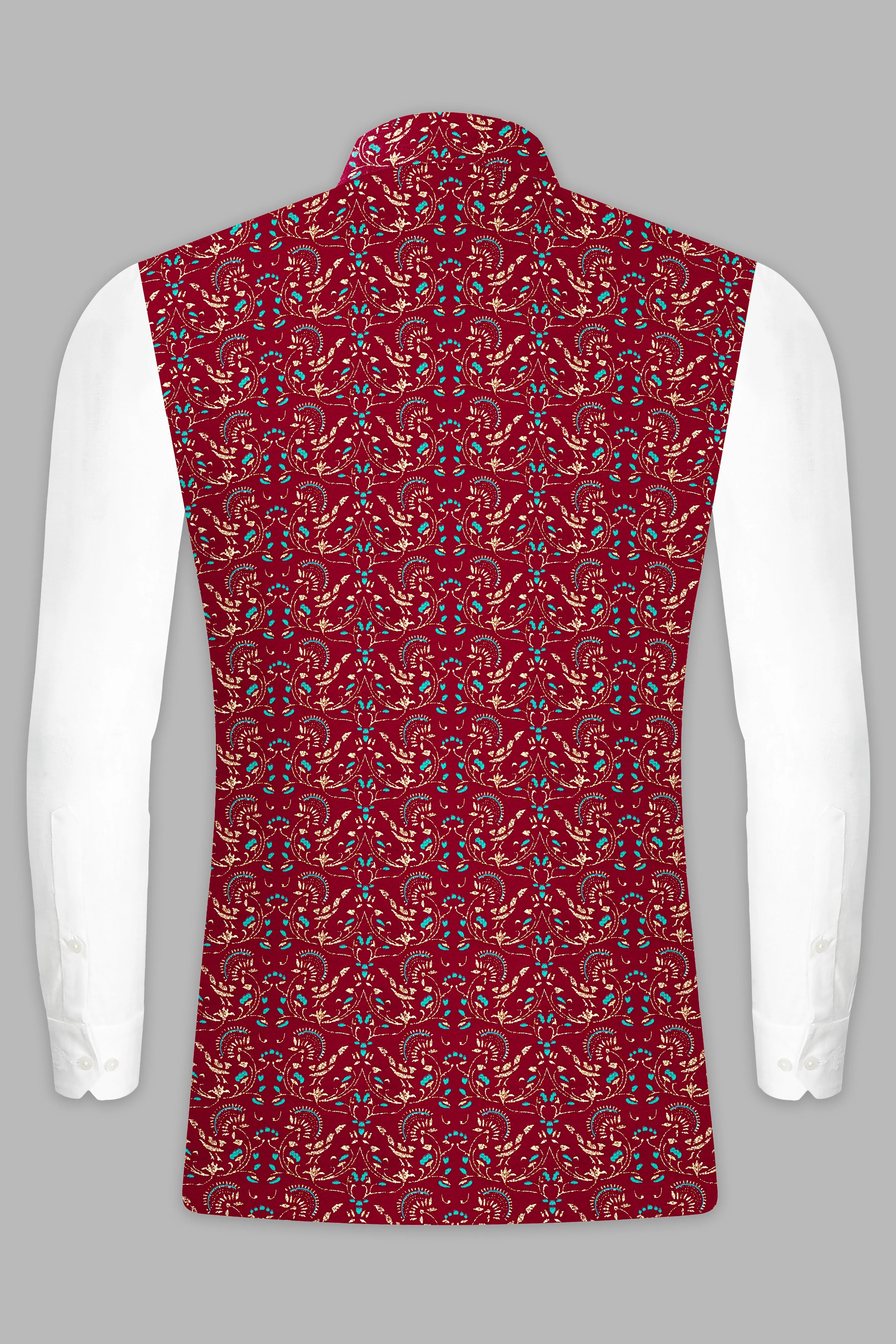 Claret Red And Aqua Marine Blue Velvet Printed Designer Nehru Jacket sold by French Crown product image thumbnail 5