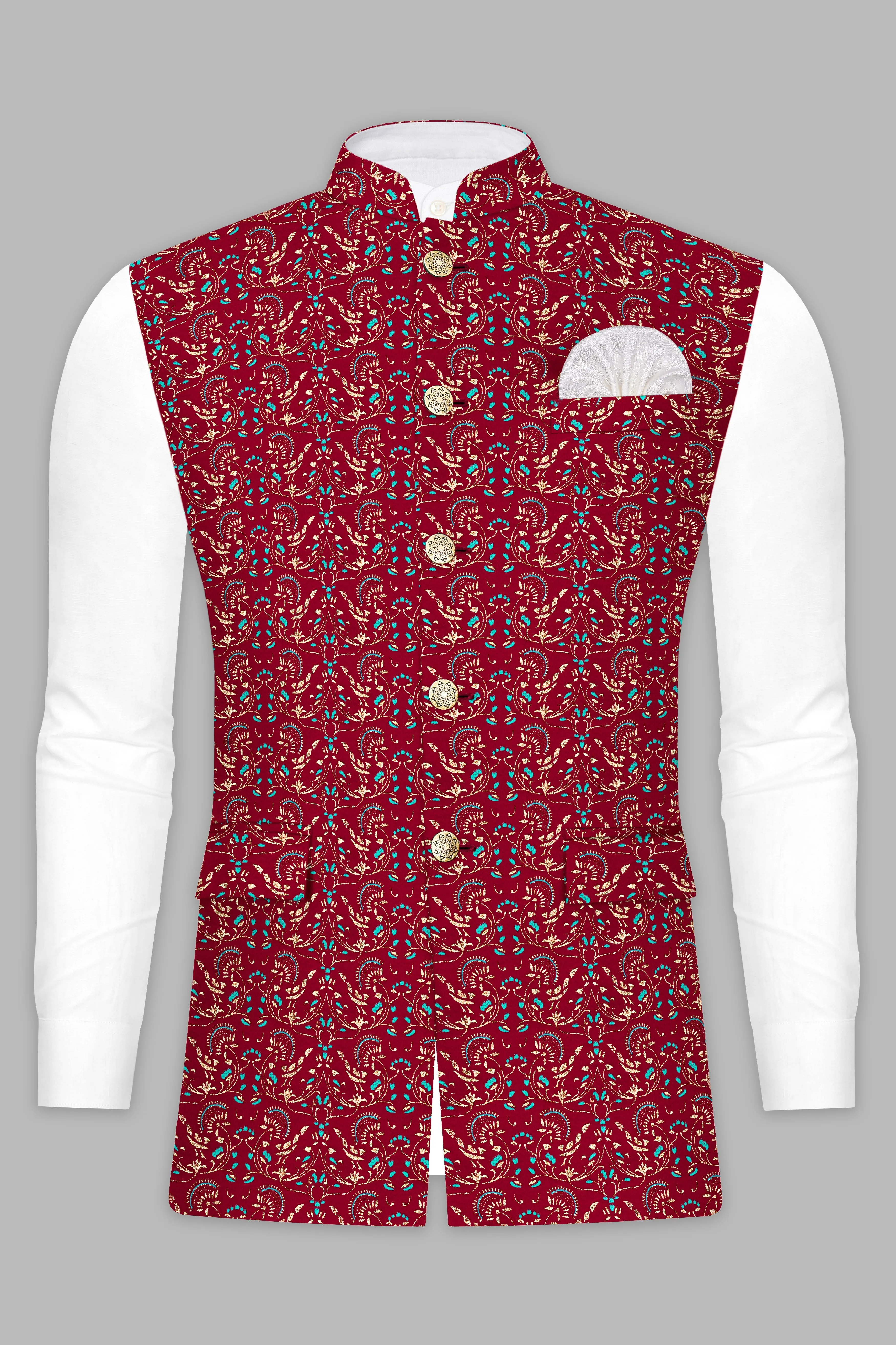 Claret Red And Aqua Marine Blue Velvet Printed Designer Nehru Jacket sold by French Crown product image thumbnail 2