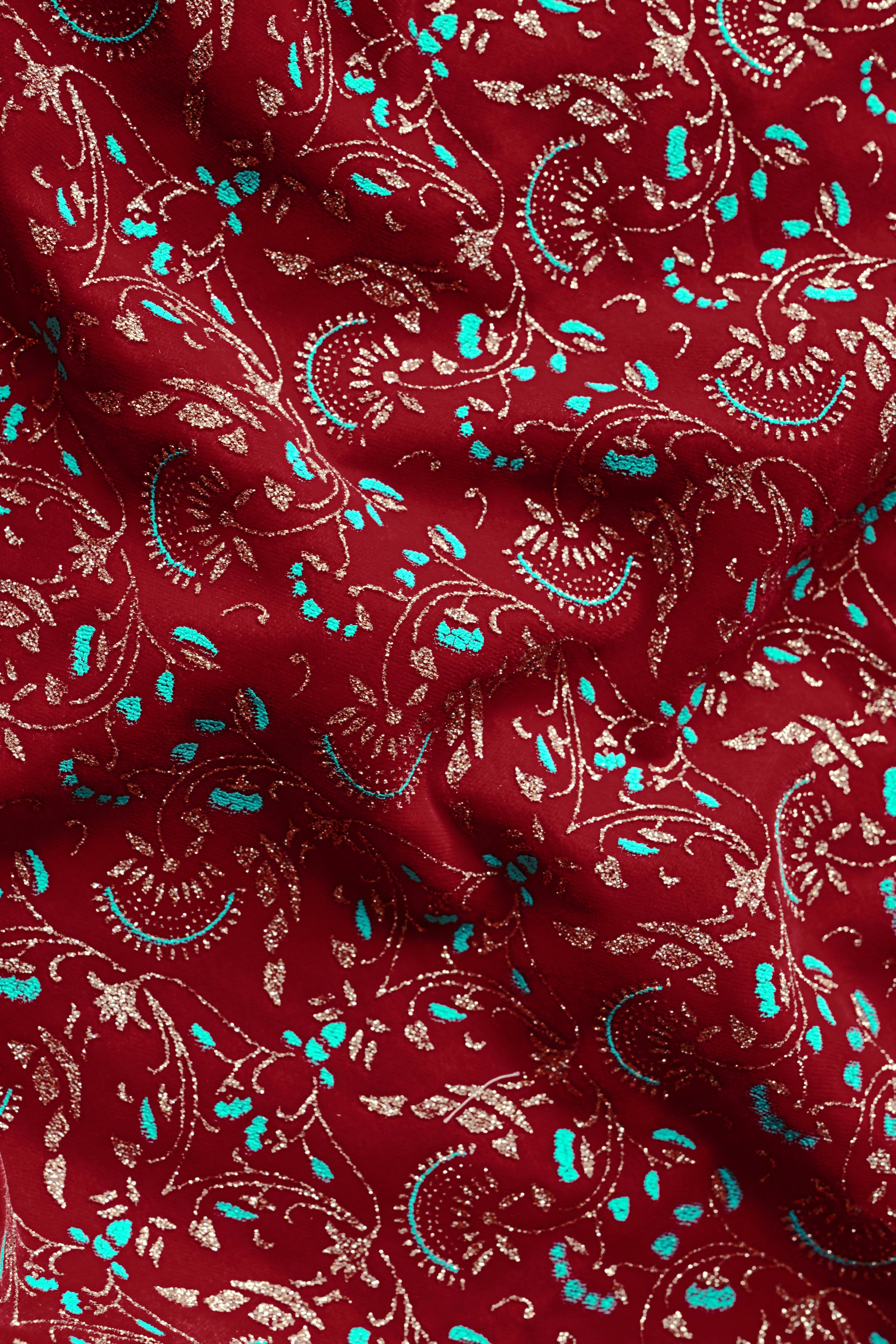 Claret Red And Aqua Marine Blue Velvet Printed Designer Nehru Jacket sold by French Crown product image thumbnail 3