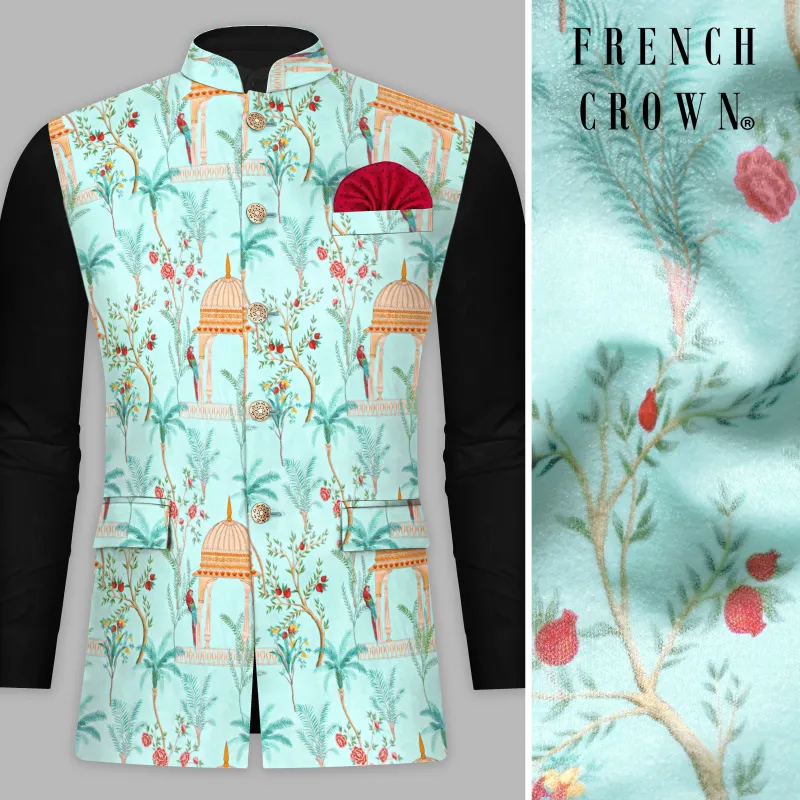 Mint Tulip Blue And Maize Orange Velvet Mughal garden arch Printed Nehru Jacket sold by French Crown