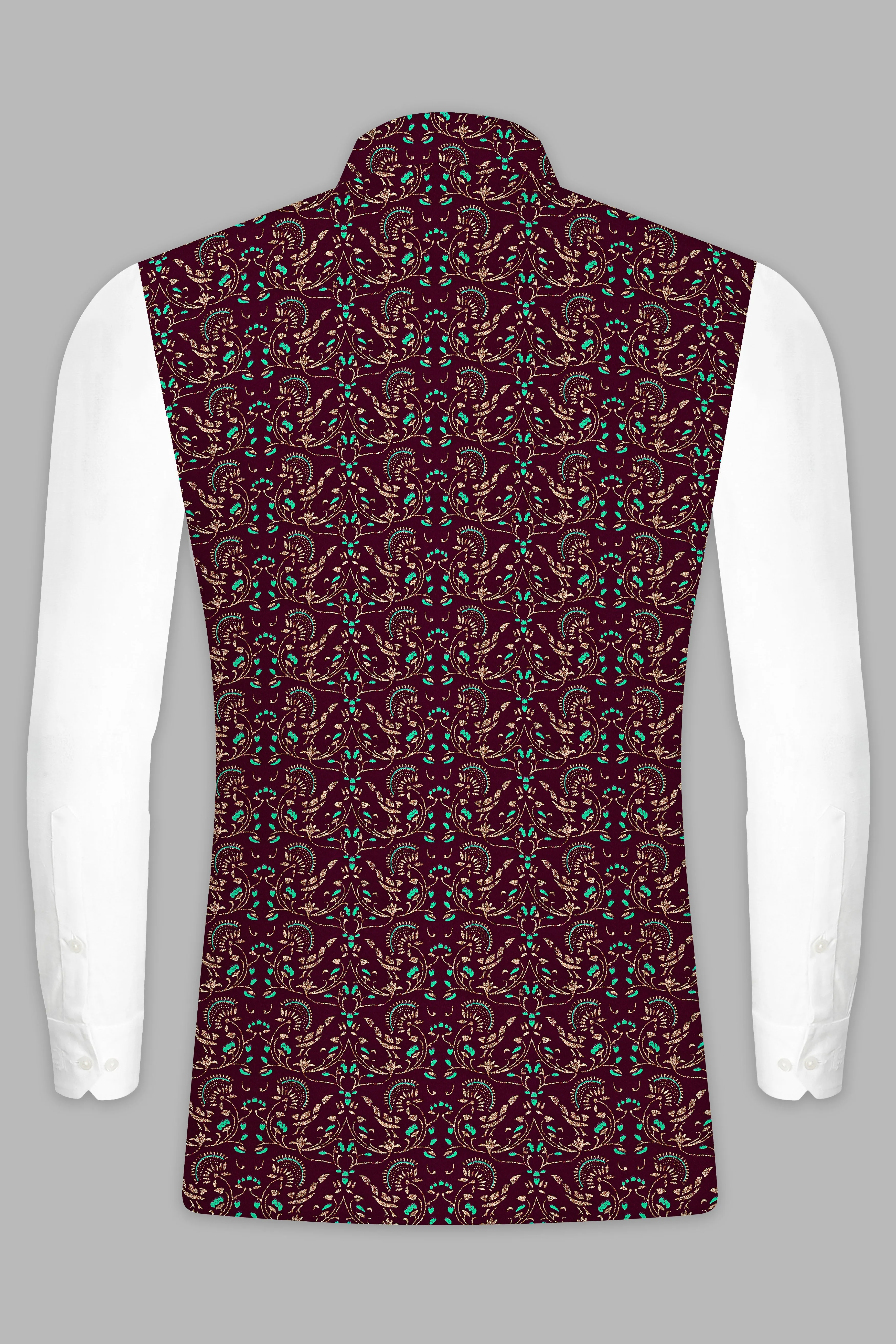 Ecilpse Maroon And Fountain Blue Velvet Printed Designer Nehru Jacket sold by French Crown product image thumbnail 5
