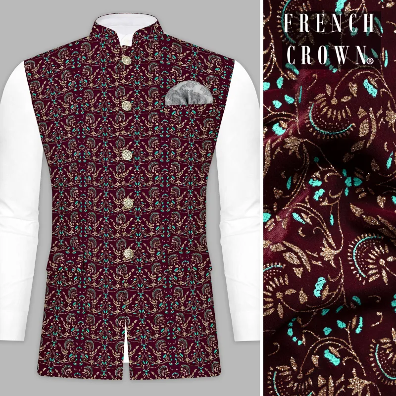 Ecilpse Maroon And Fountain Blue Velvet Printed Designer Nehru Jacket sold by French Crown