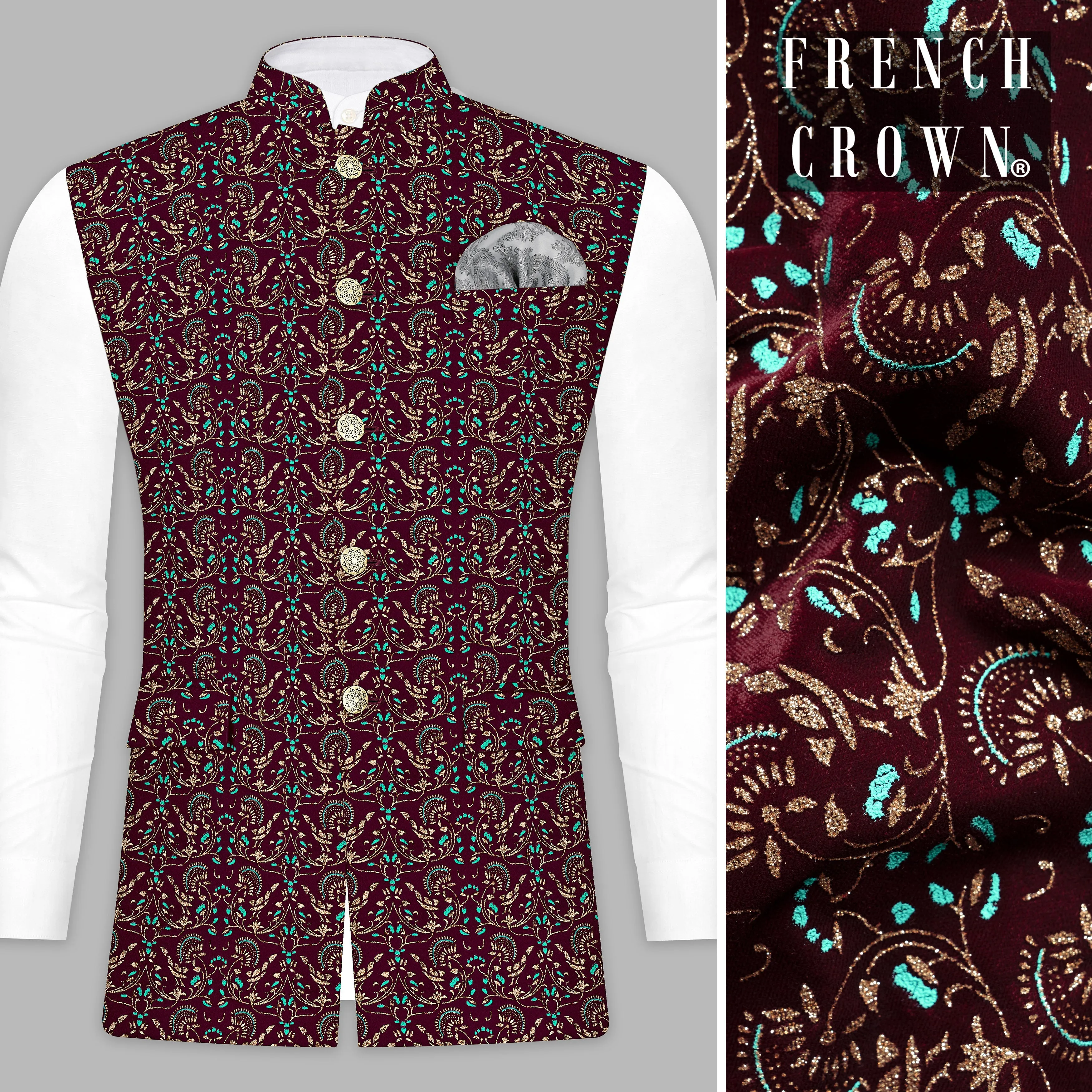 Ecilpse Maroon And Fountain Blue Velvet Printed Designer Nehru Jacket sold by French Crown