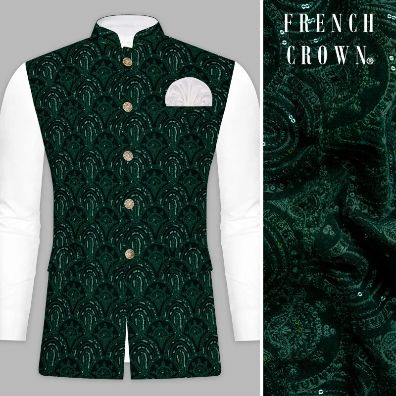 Holly Green Velvet Sequins And Thread Embroidered Nehru Jacket sold by French Crown