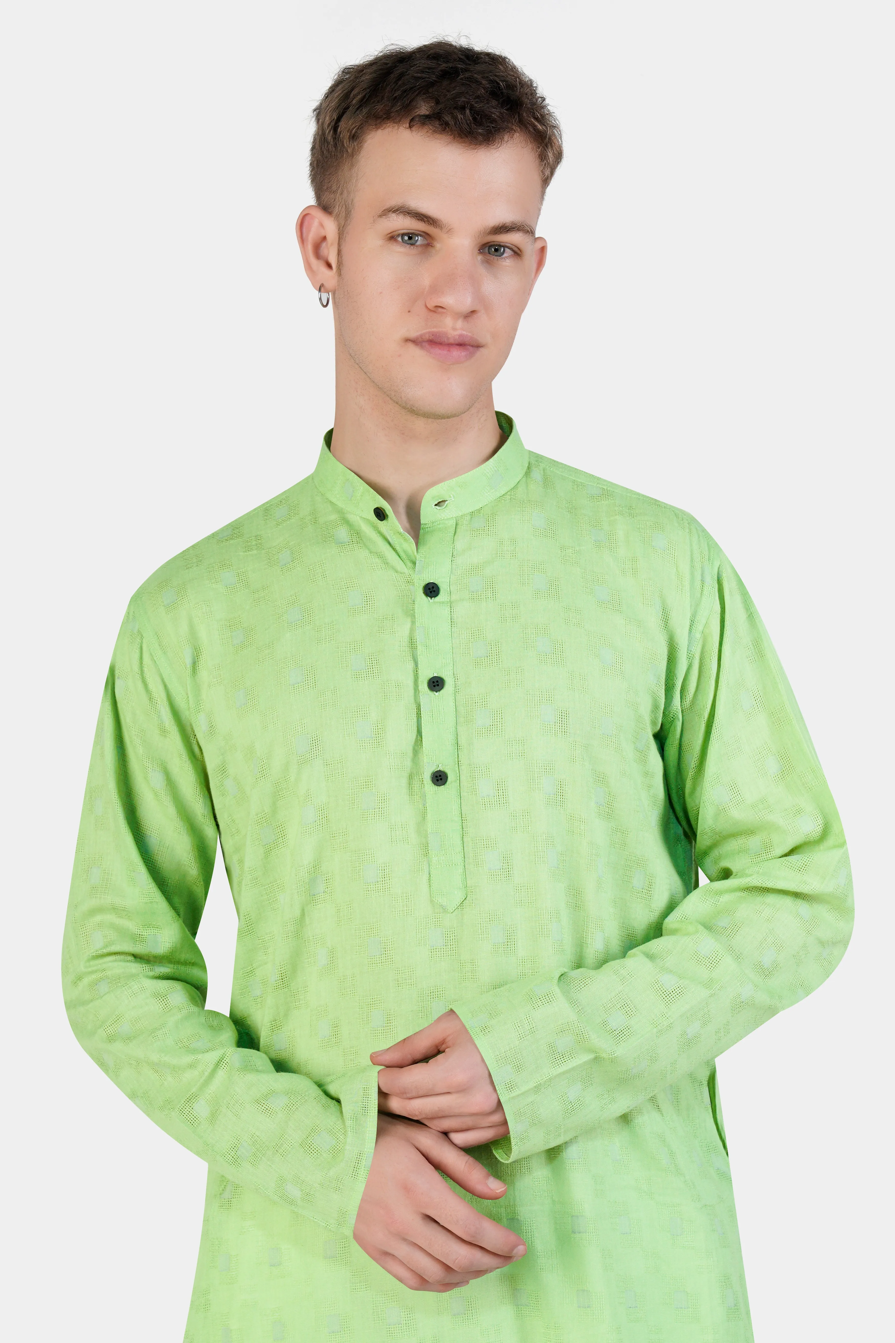 Pixie Green Geometric Dobby Textured Premium Giza Cotton Kurta Set sold by French Crown product image thumbnail 4