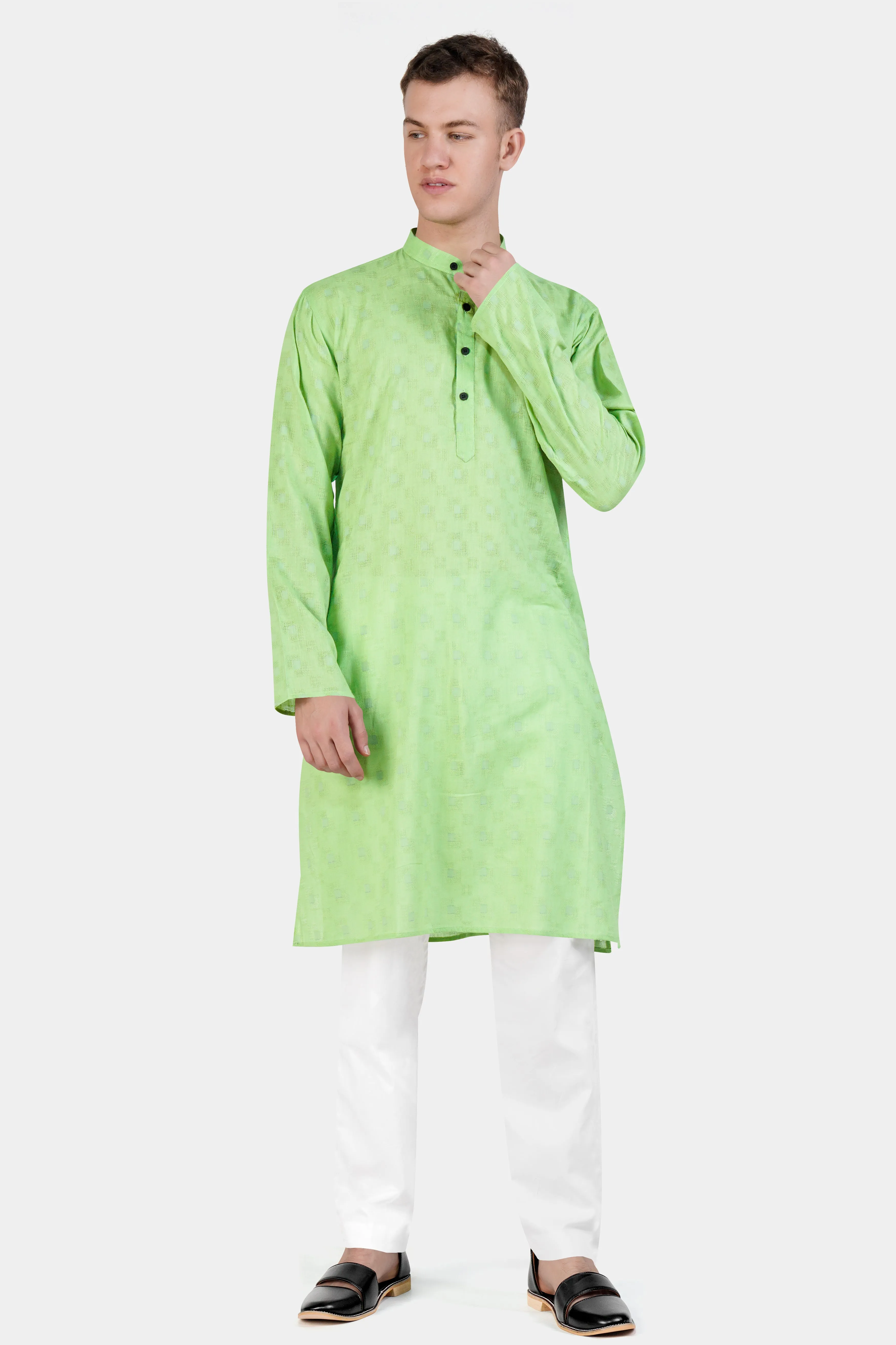 Pixie Green Geometric Dobby Textured Premium Giza Cotton Kurta Set sold by French Crown product image thumbnail 2