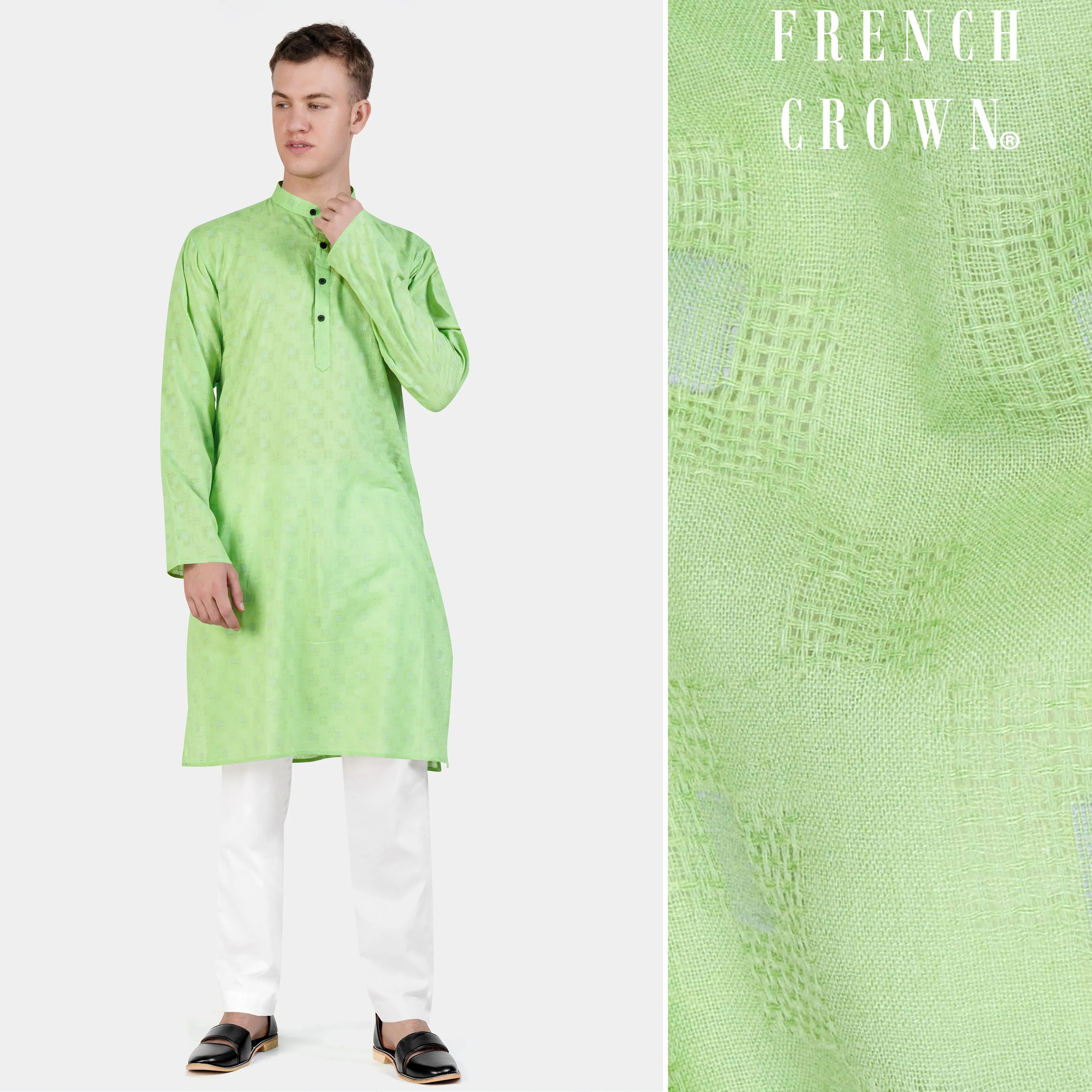 Pixie Green Geometric Dobby Textured Premium Giza Cotton Kurta Set sold by French Crown