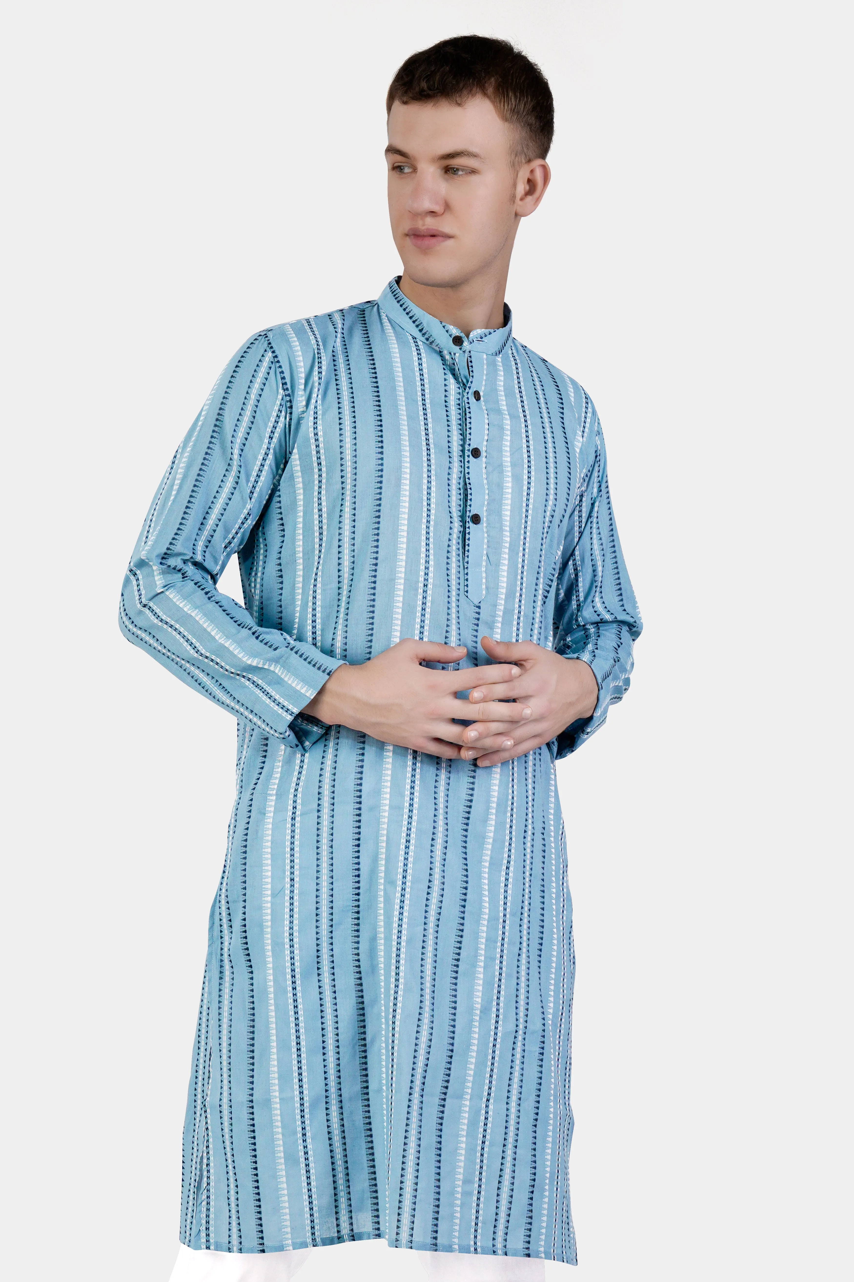 Glacier Blue Dobby Textured Premium Giza Cotton Kurta Set sold by French Crown product image thumbnail 5