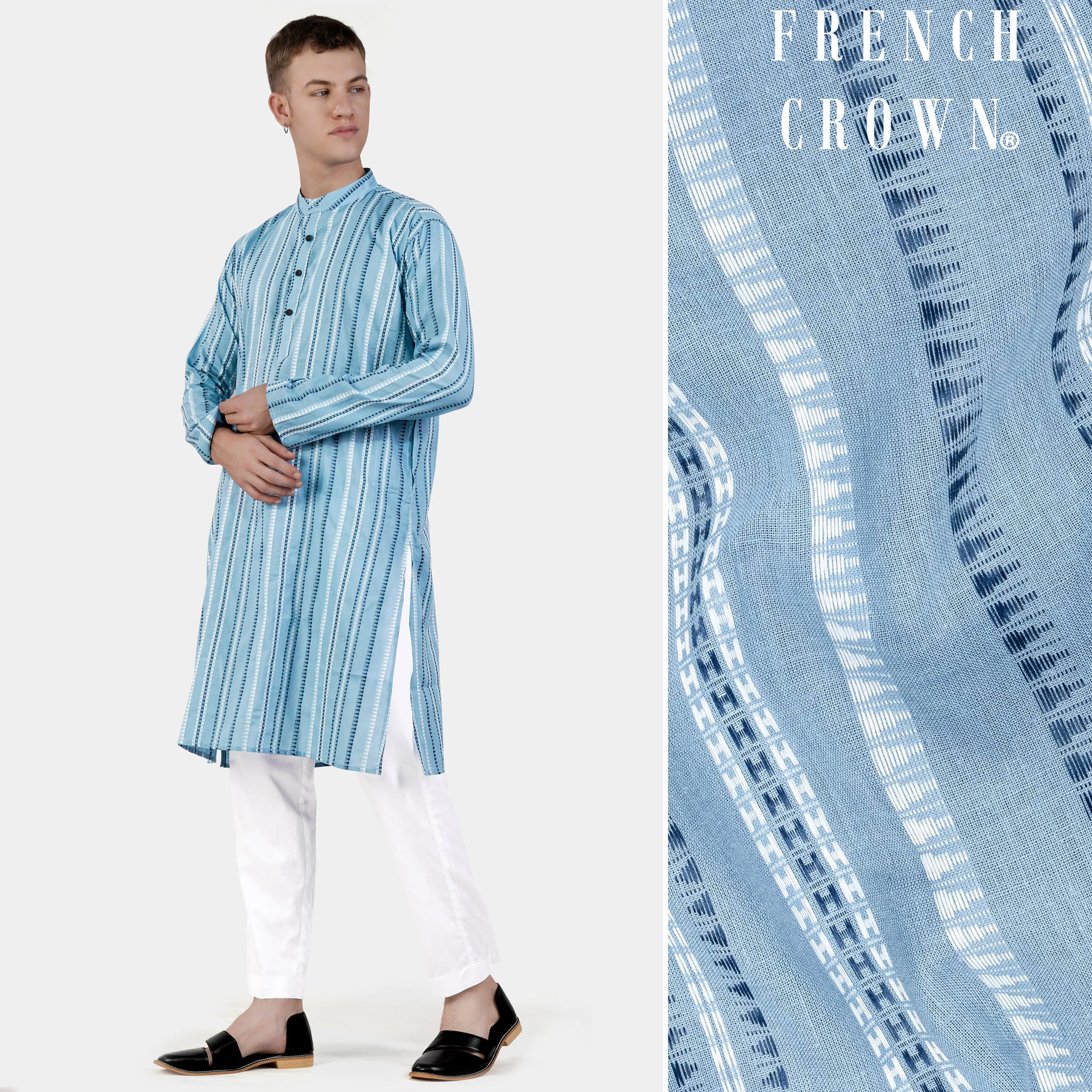 Glacier Blue Dobby Textured Premium Giza Cotton Kurta Set sold by French Crown