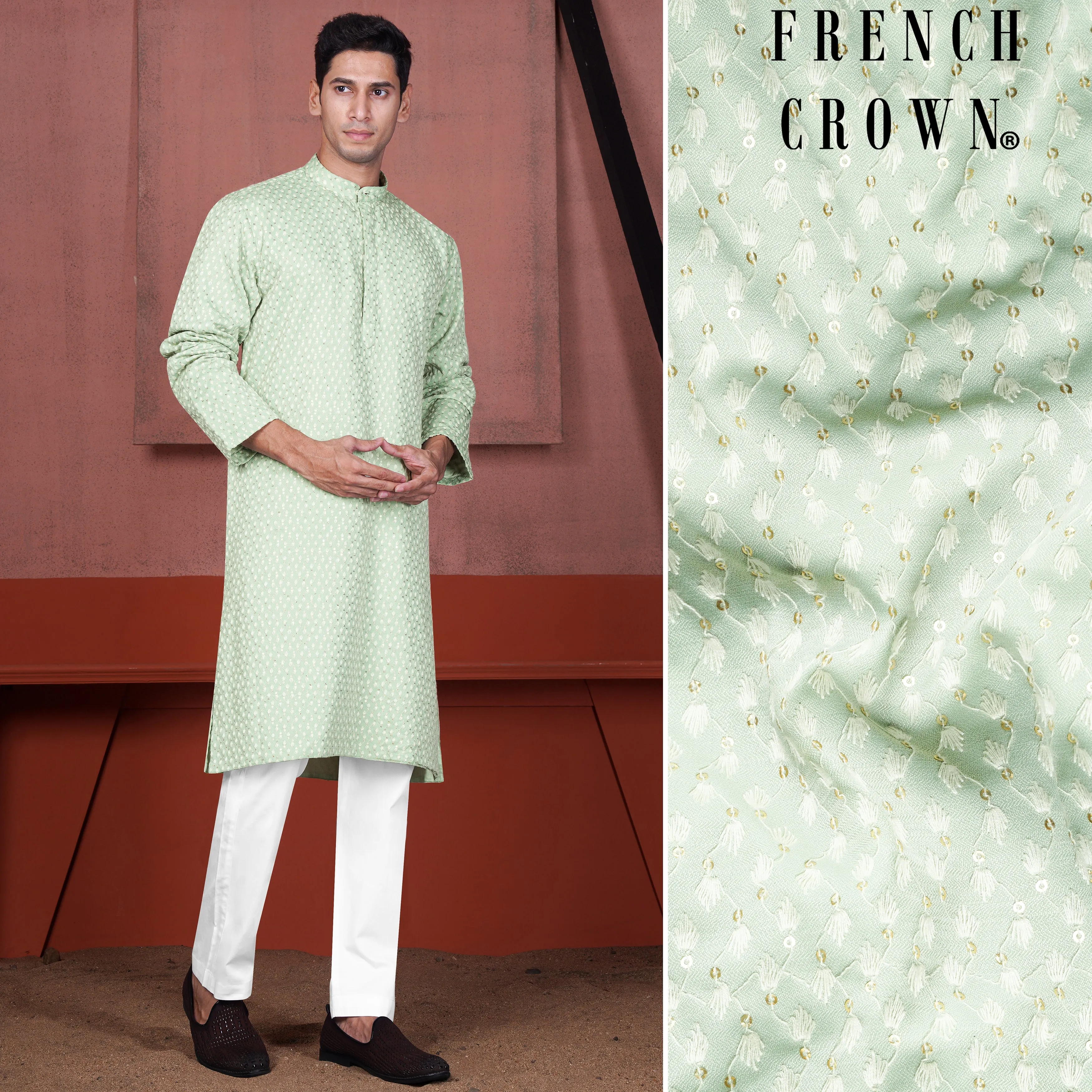 Tasman Green Embroidered Viscose Designer Kurta Set sold by French Crown