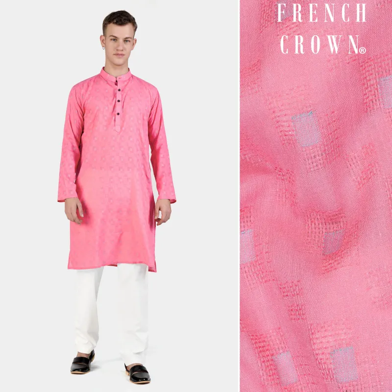 Flamingo Pink Geometric Dobby Textured Premium Giza Cotton Kurta Set sold by French Crown