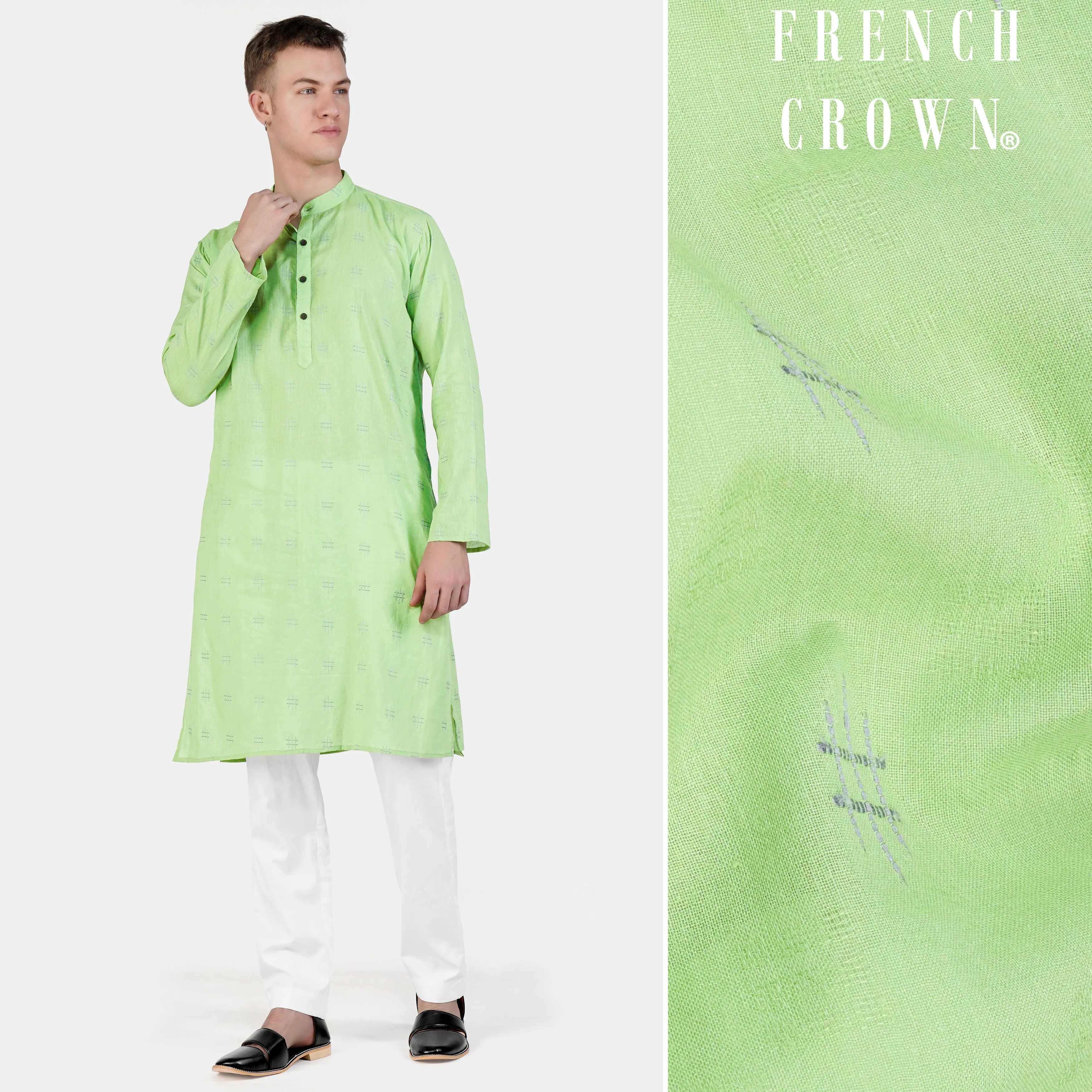 Beryl Green Dobby Textured Premium Giza Cotton Kurta Set sold by French Crown