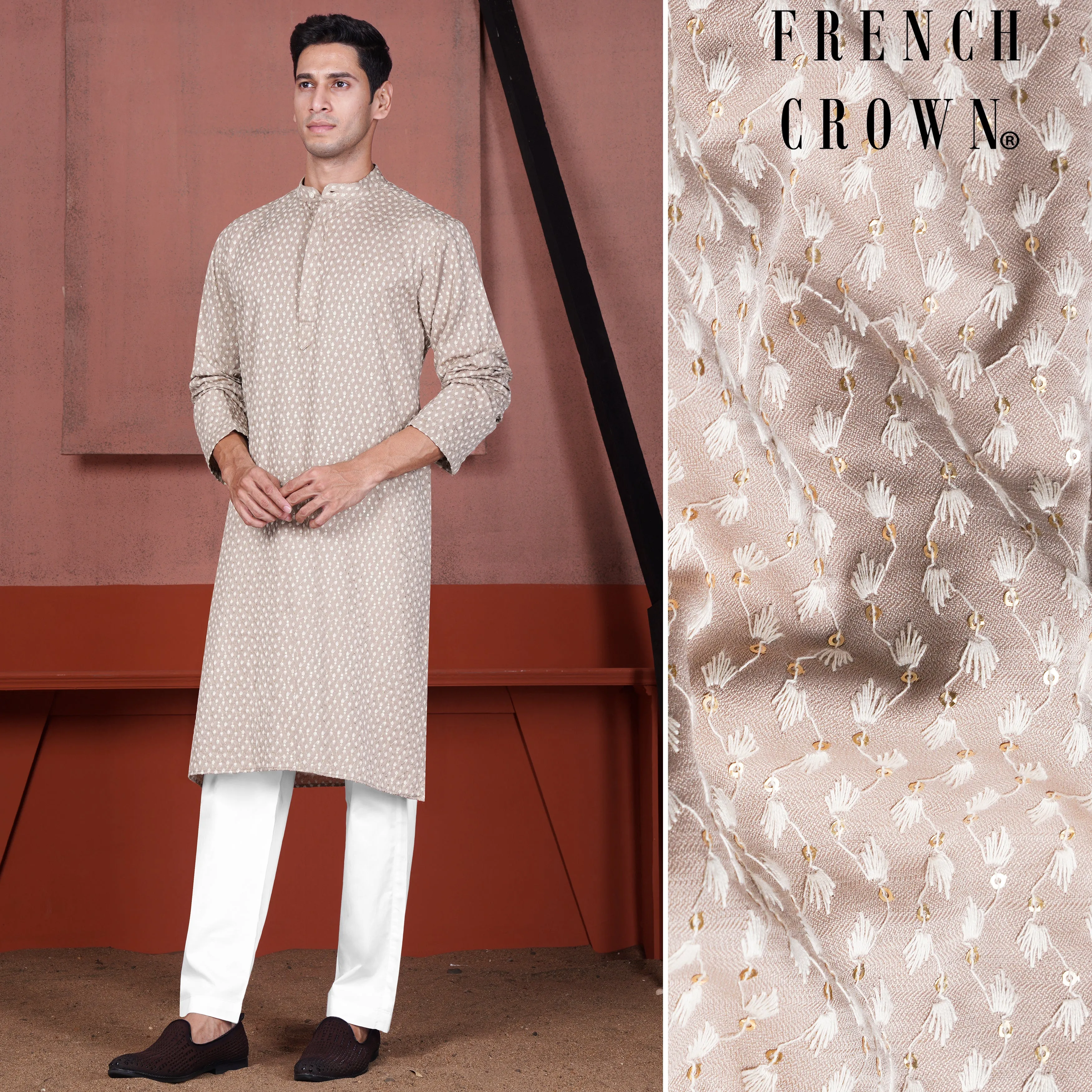 Clam Shell Brown Embroidered Viscose Designer Kurta Set sold by French Crown