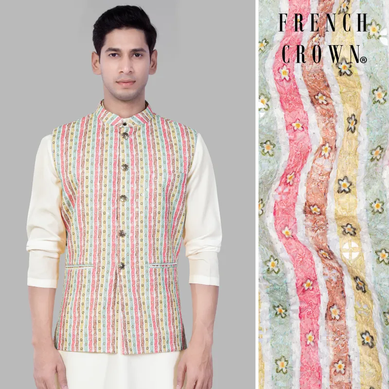 Froly Pink And Apple Blossom Brown MultiColour Designer Thread Embroidered Nehru Jacket sold by French Crown