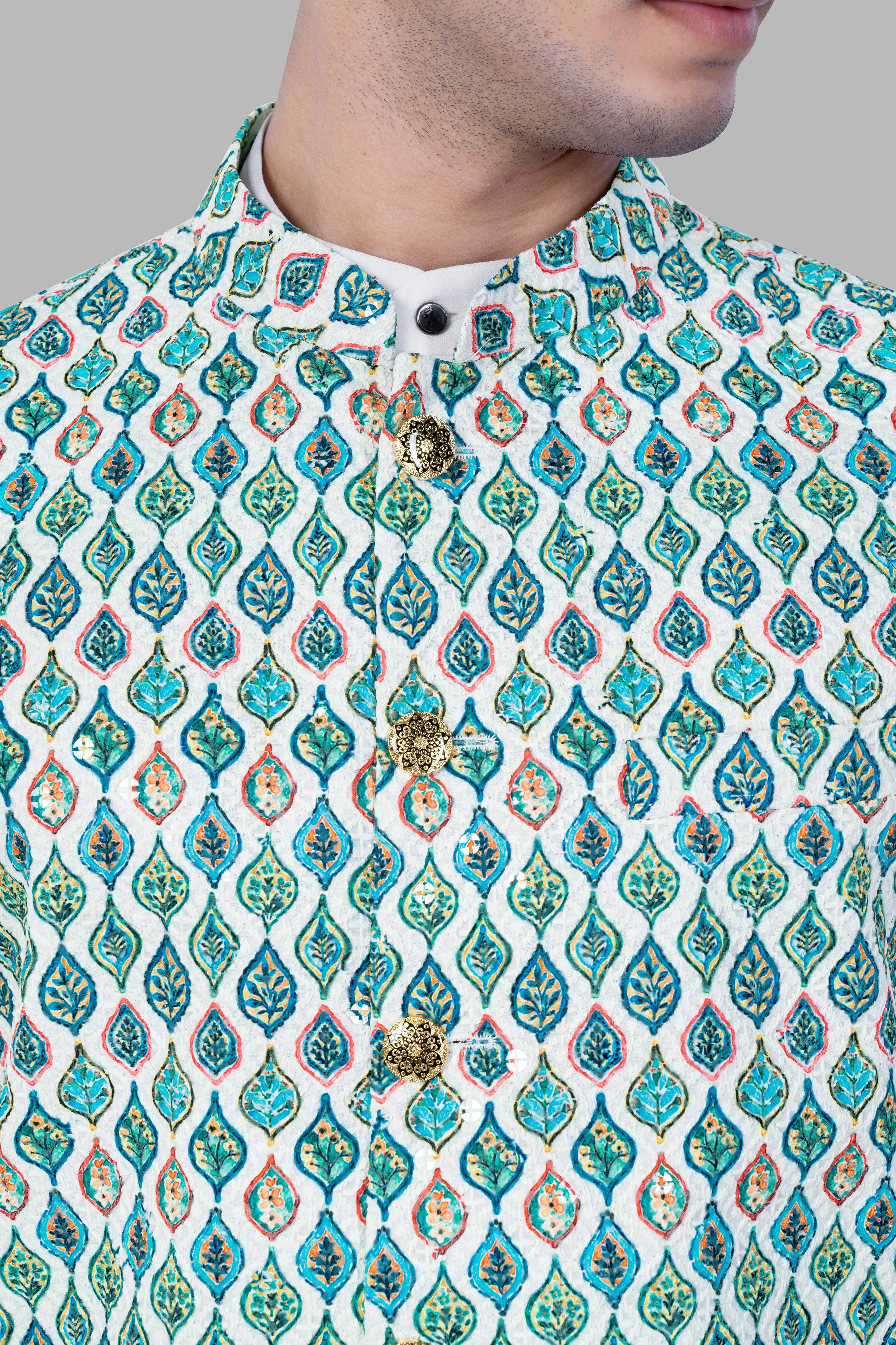 Bright White And Ocean Blue leaf Designer Thread Embroidered Nehru Jacket sold by French Crown product image thumbnail 4