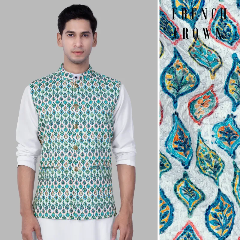 Bright White And Ocean Blue leaf Designer Thread Embroidered Nehru Jacket sold by French Crown