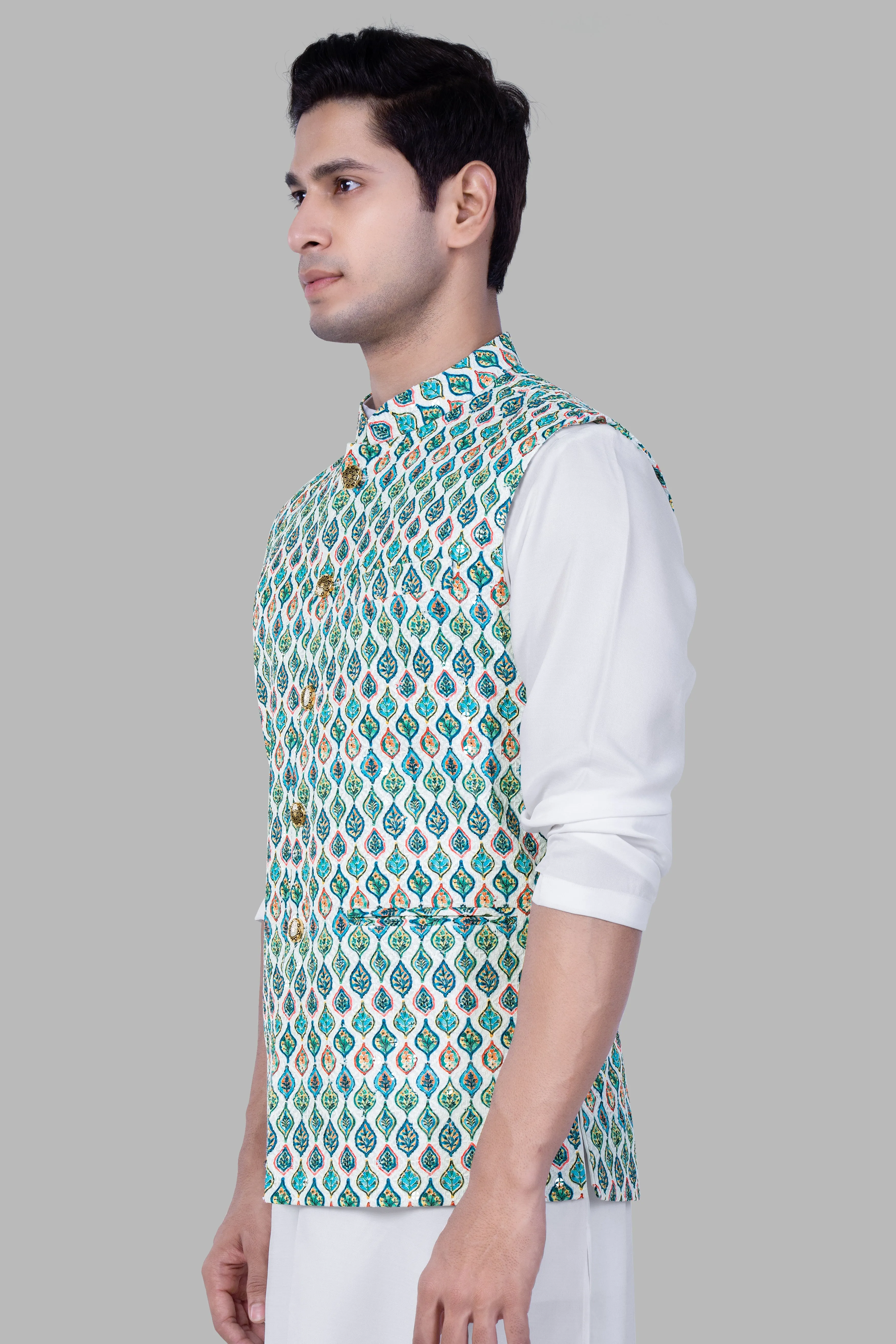 Bright White And Ocean Blue leaf Designer Thread Embroidered Nehru Jacket sold by French Crown product image thumbnail 5