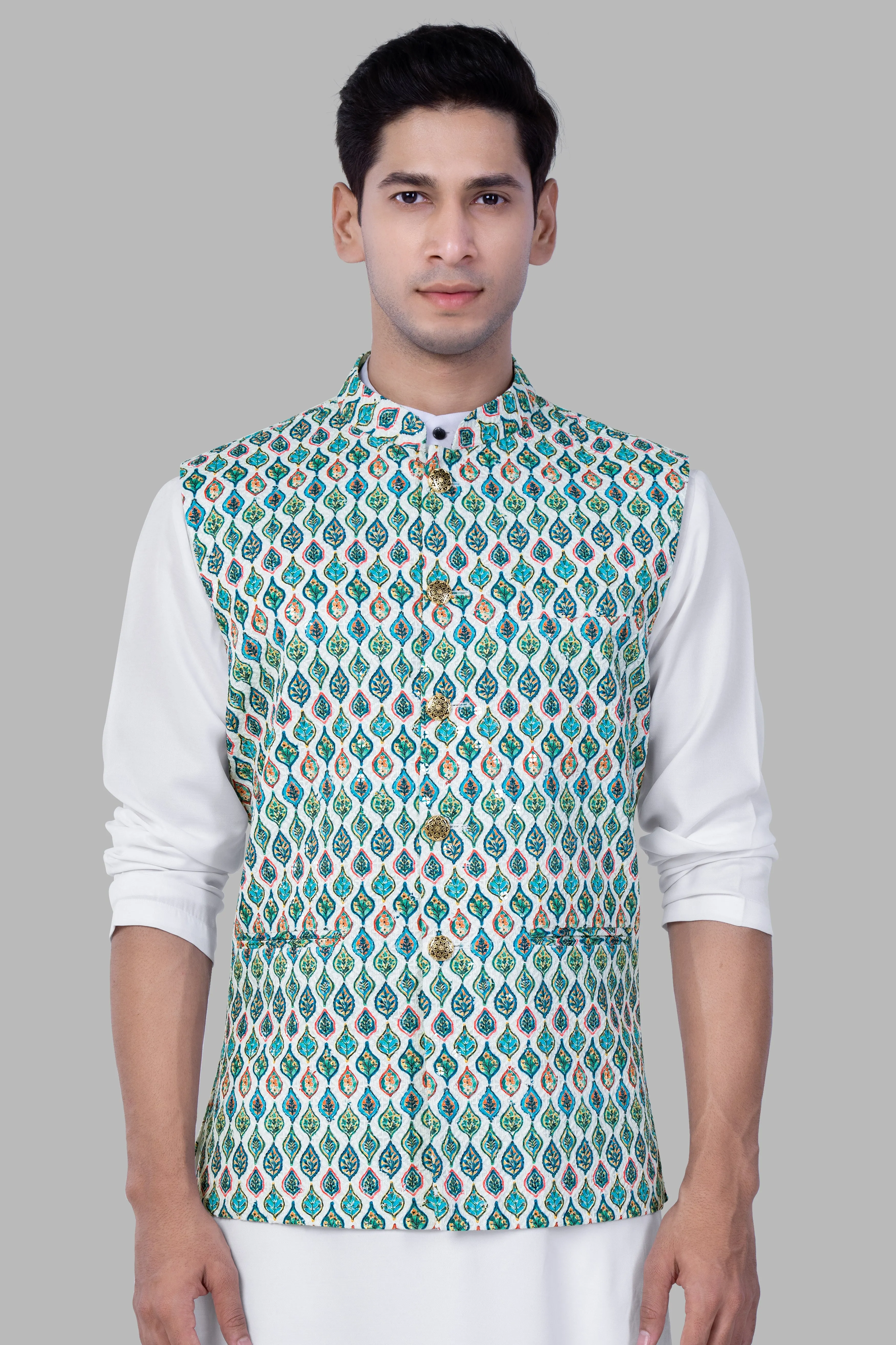 Bright White And Ocean Blue leaf Designer Thread Embroidered Nehru Jacket sold by French Crown product image thumbnail 2