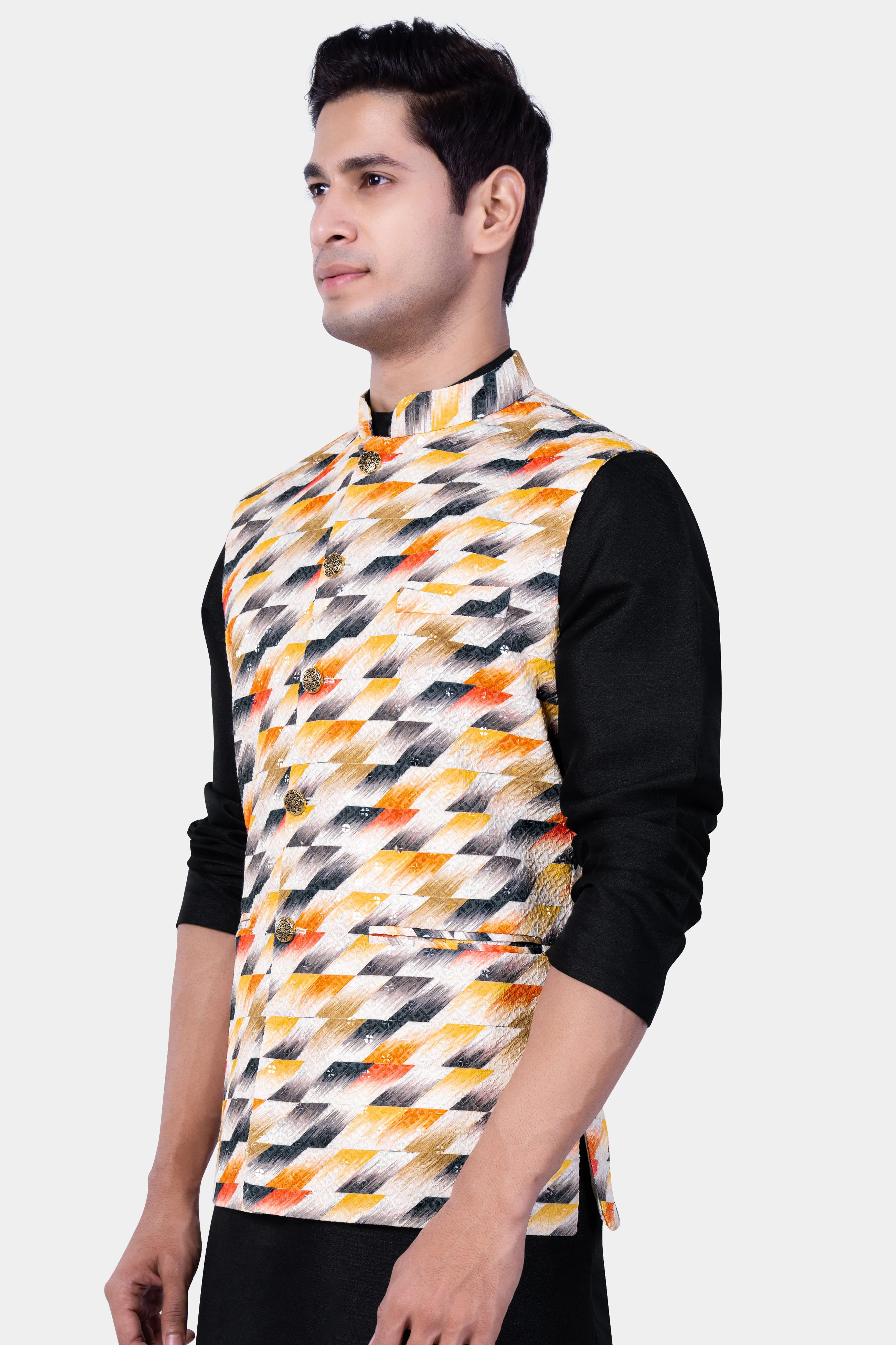 Tree Poppy Orange And Jade Black MultiColour Designer Thread Embroidered Nehru Jacket sold by French Crown product image thumbnail 5