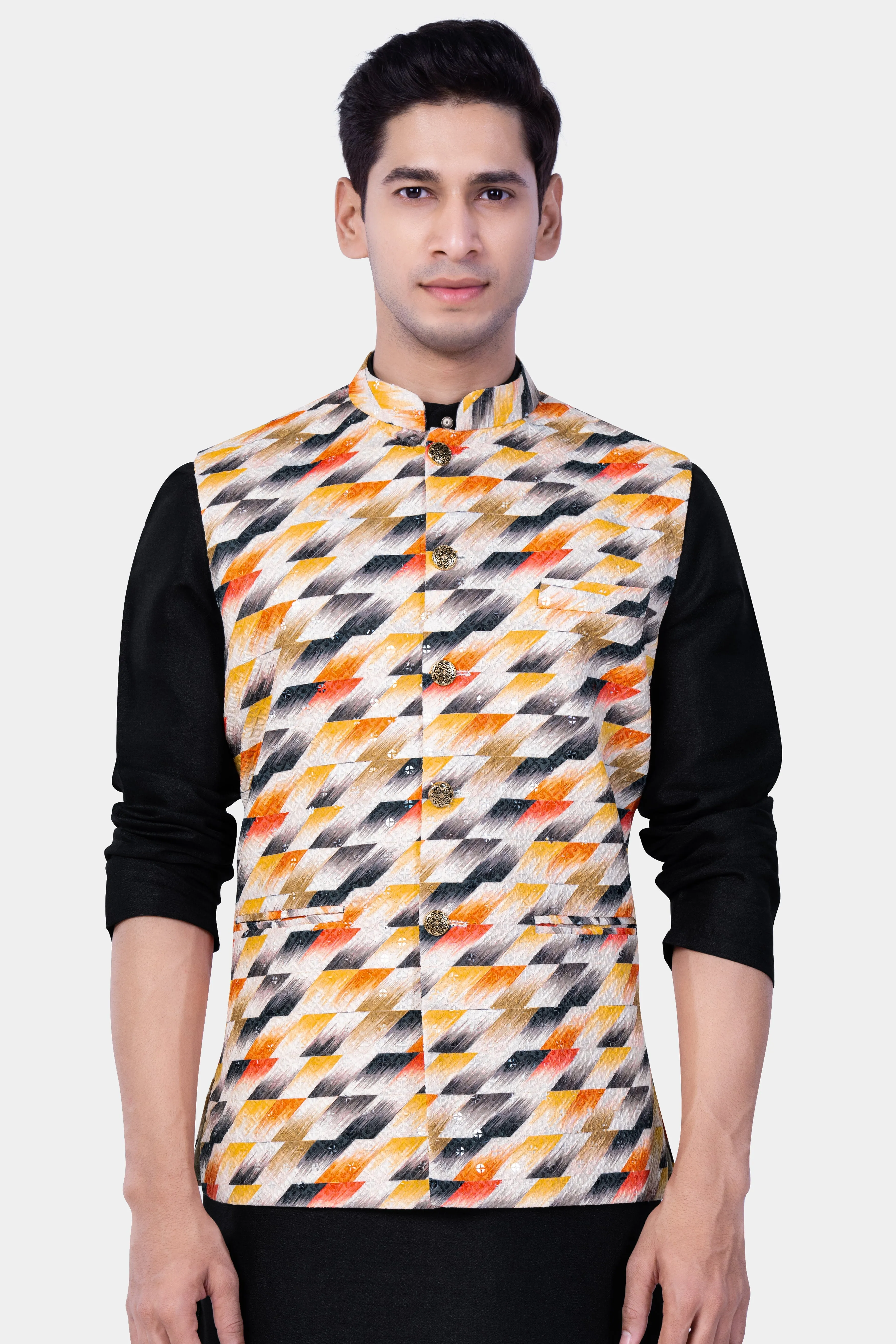 Tree Poppy Orange And Jade Black MultiColour Designer Thread Embroidered Nehru Jacket sold by French Crown product image thumbnail 2