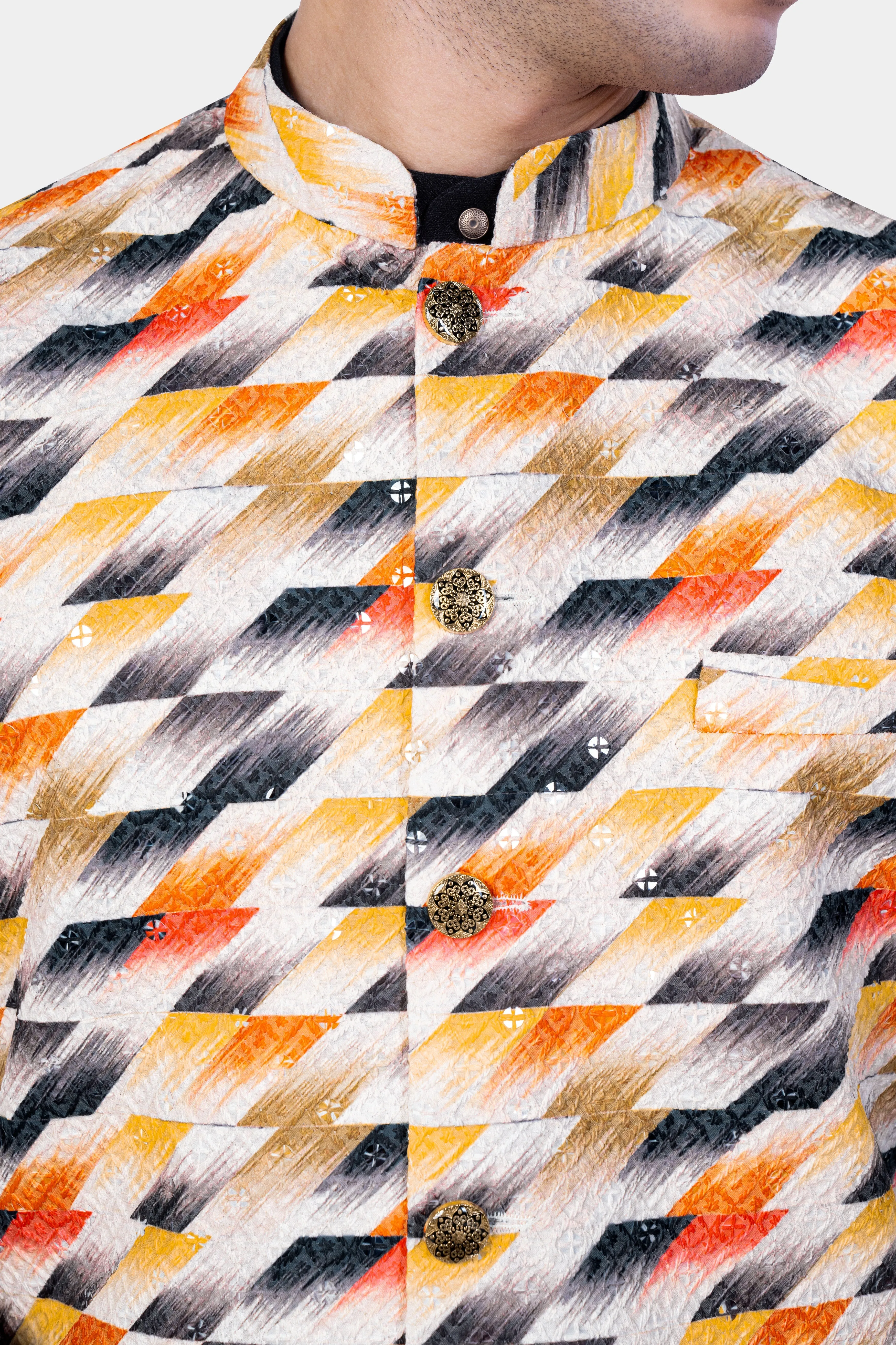 Tree Poppy Orange And Jade Black MultiColour Designer Thread Embroidered Nehru Jacket sold by French Crown product image thumbnail 4