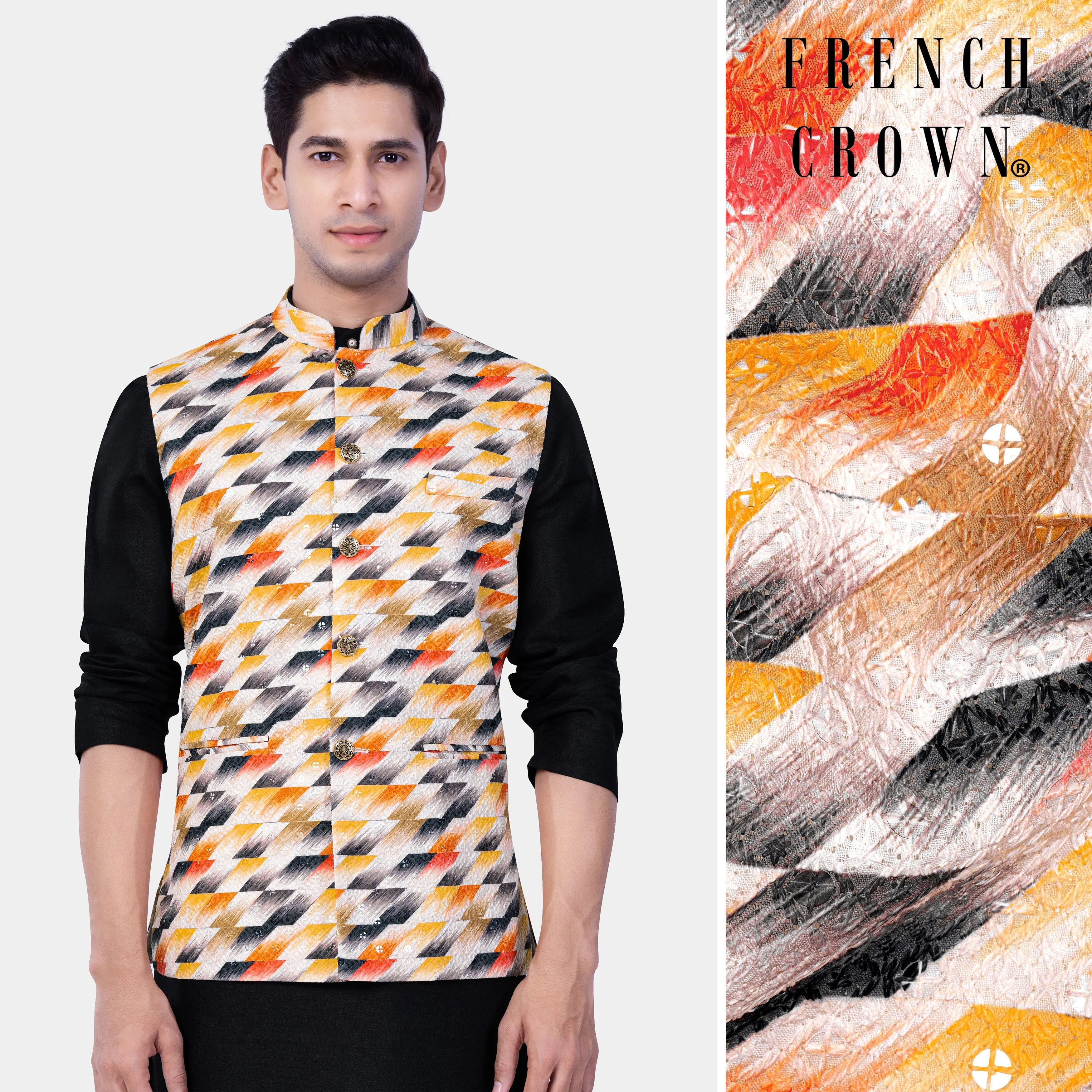 Tree Poppy Orange And Jade Black MultiColour Designer Thread Embroidered Nehru Jacket sold by French Crown