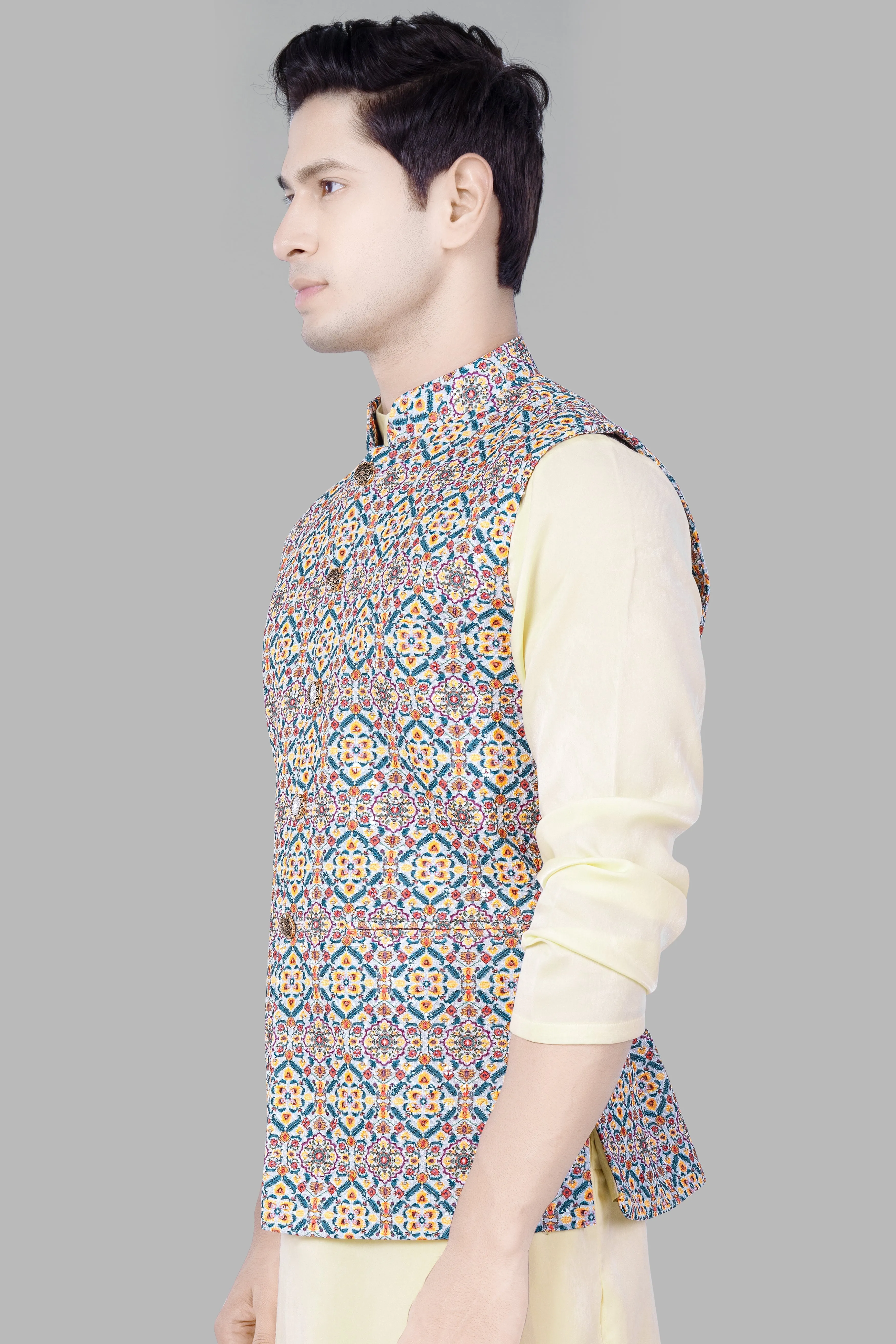 Orient Blue And Tainoi Yellow Designer Thread Embroidered Nehru Jacket sold by French Crown product image thumbnail 5