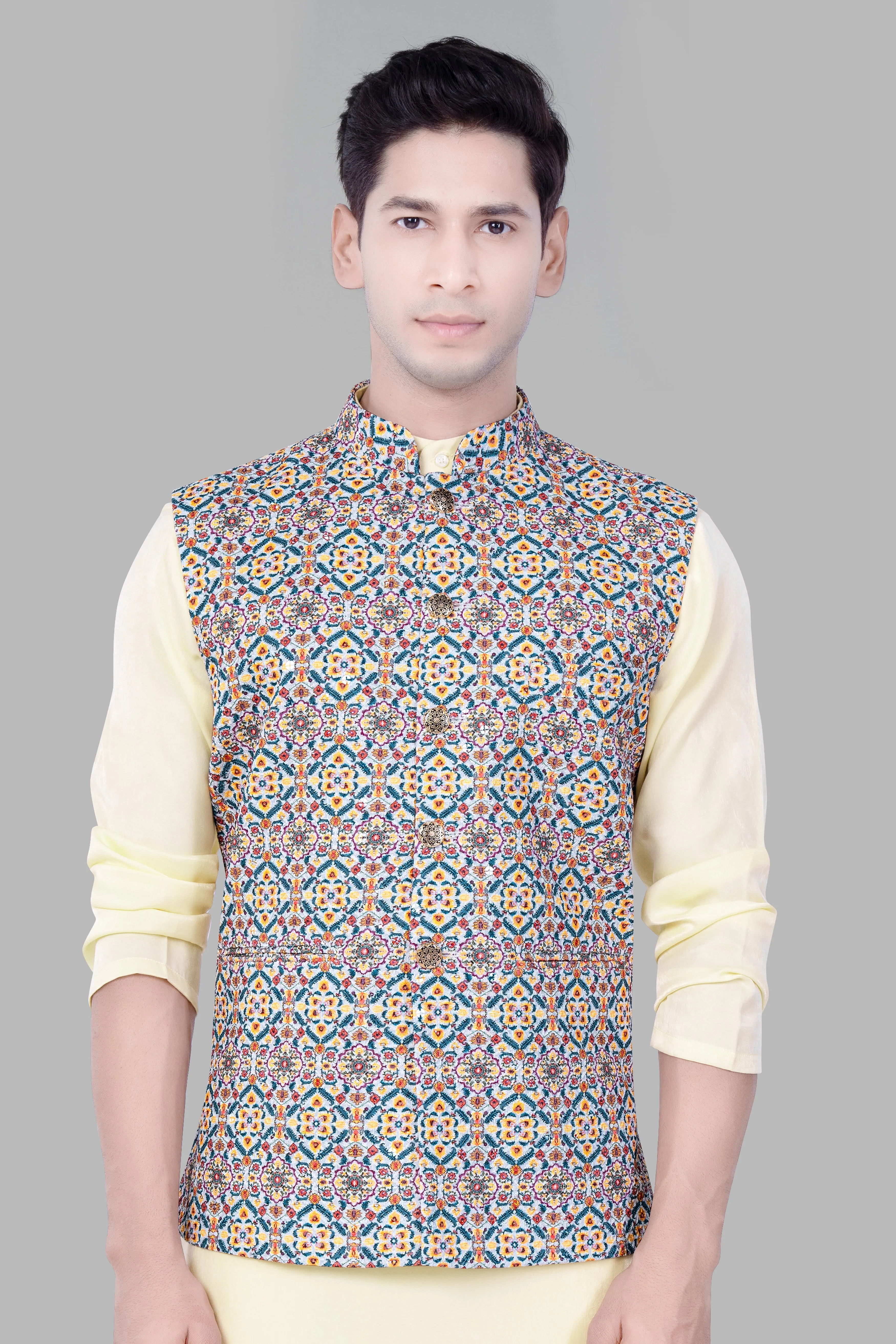 Orient Blue And Tainoi Yellow Designer Thread Embroidered Nehru Jacket sold by French Crown product image thumbnail 2