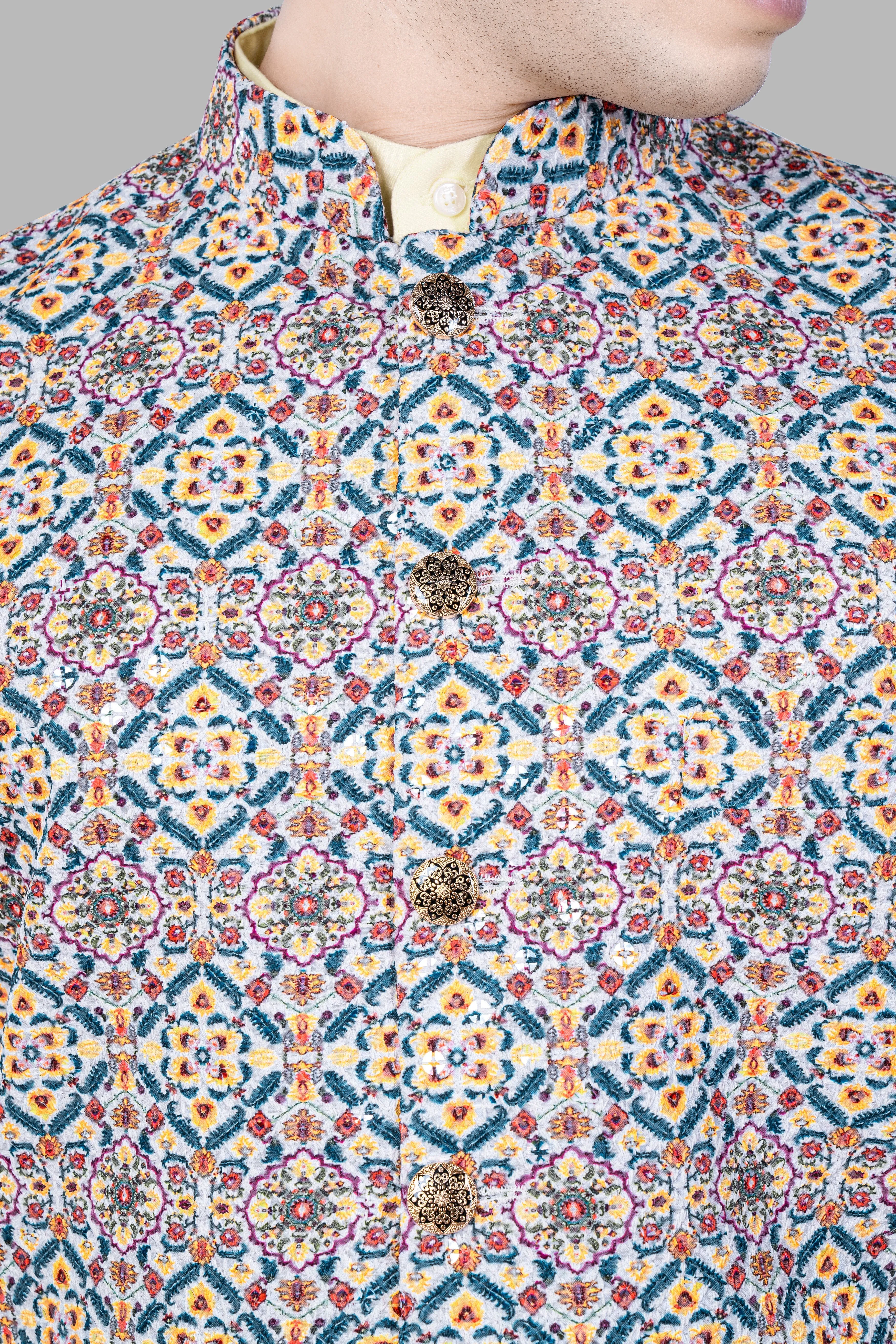 Orient Blue And Tainoi Yellow Designer Thread Embroidered Nehru Jacket sold by French Crown product image thumbnail 4