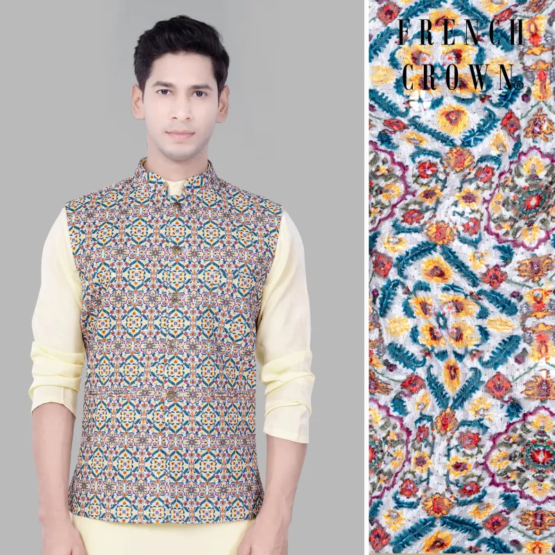 Orient Blue And Tainoi Yellow Designer Thread Embroidered Nehru Jacket sold by French Crown