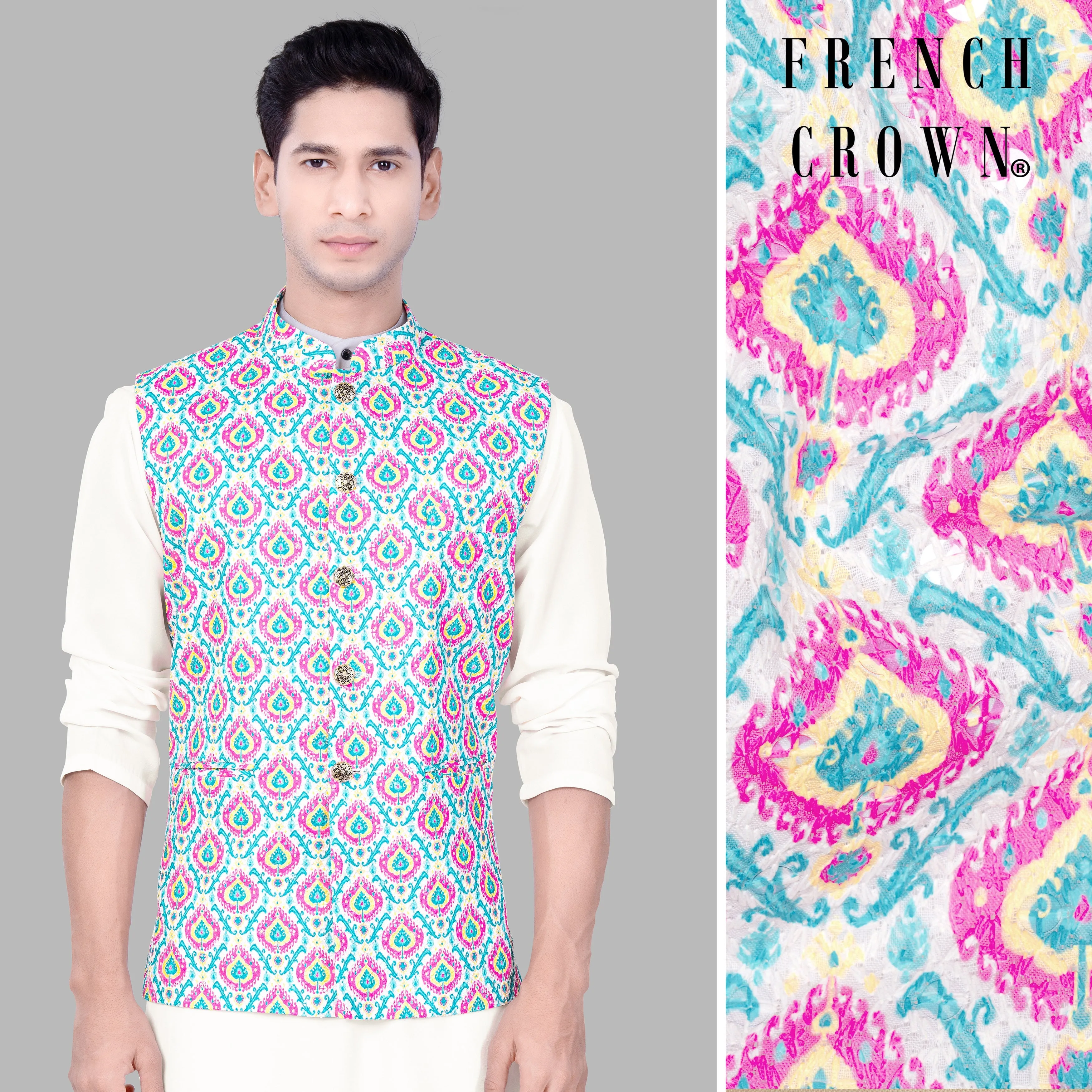 Bright White And lllusion Pink Designer Thread Embroidered Nehru Jacket sold by French Crown