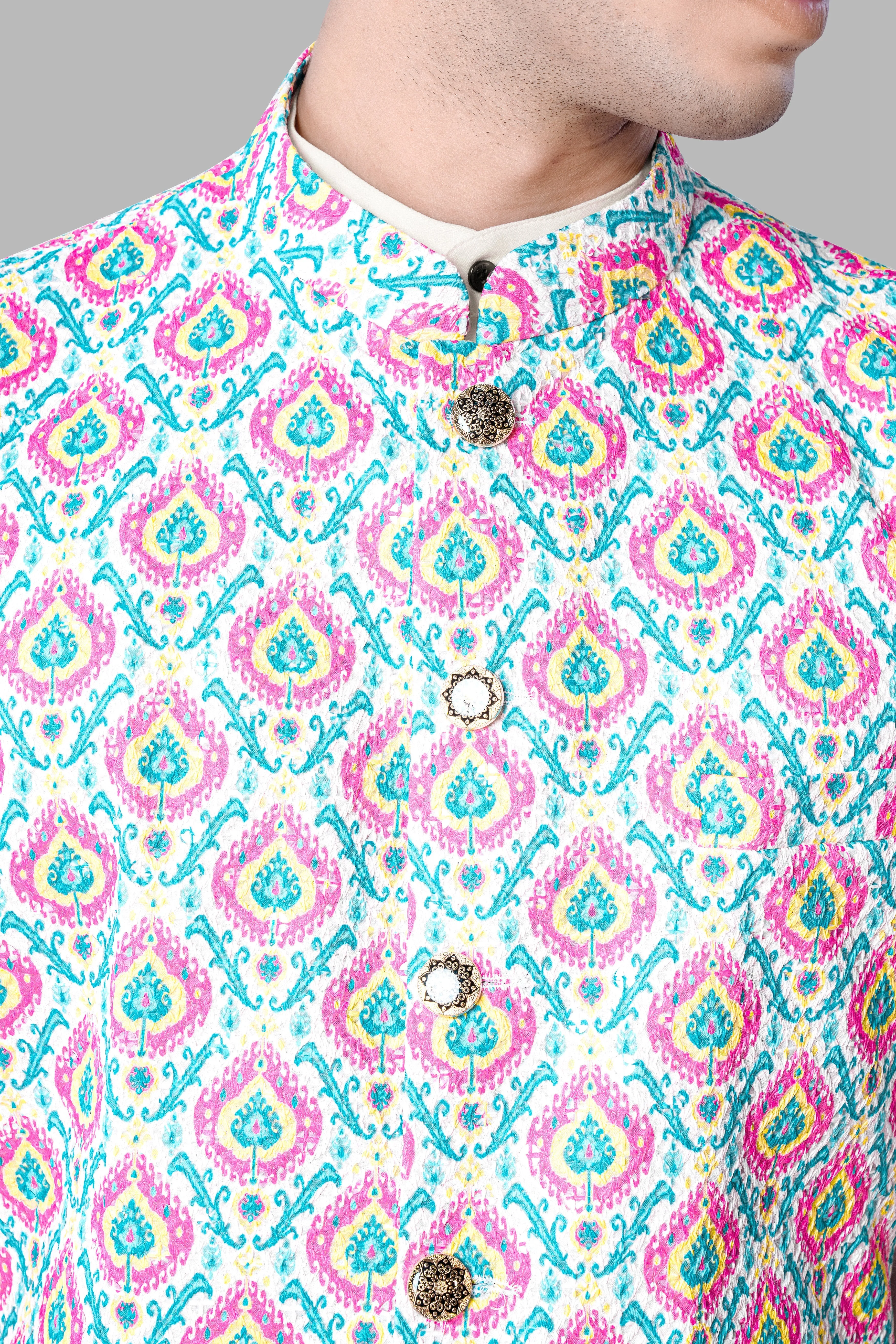 Bright White And lllusion Pink Designer Thread Embroidered Nehru Jacket sold by French Crown product image thumbnail 4