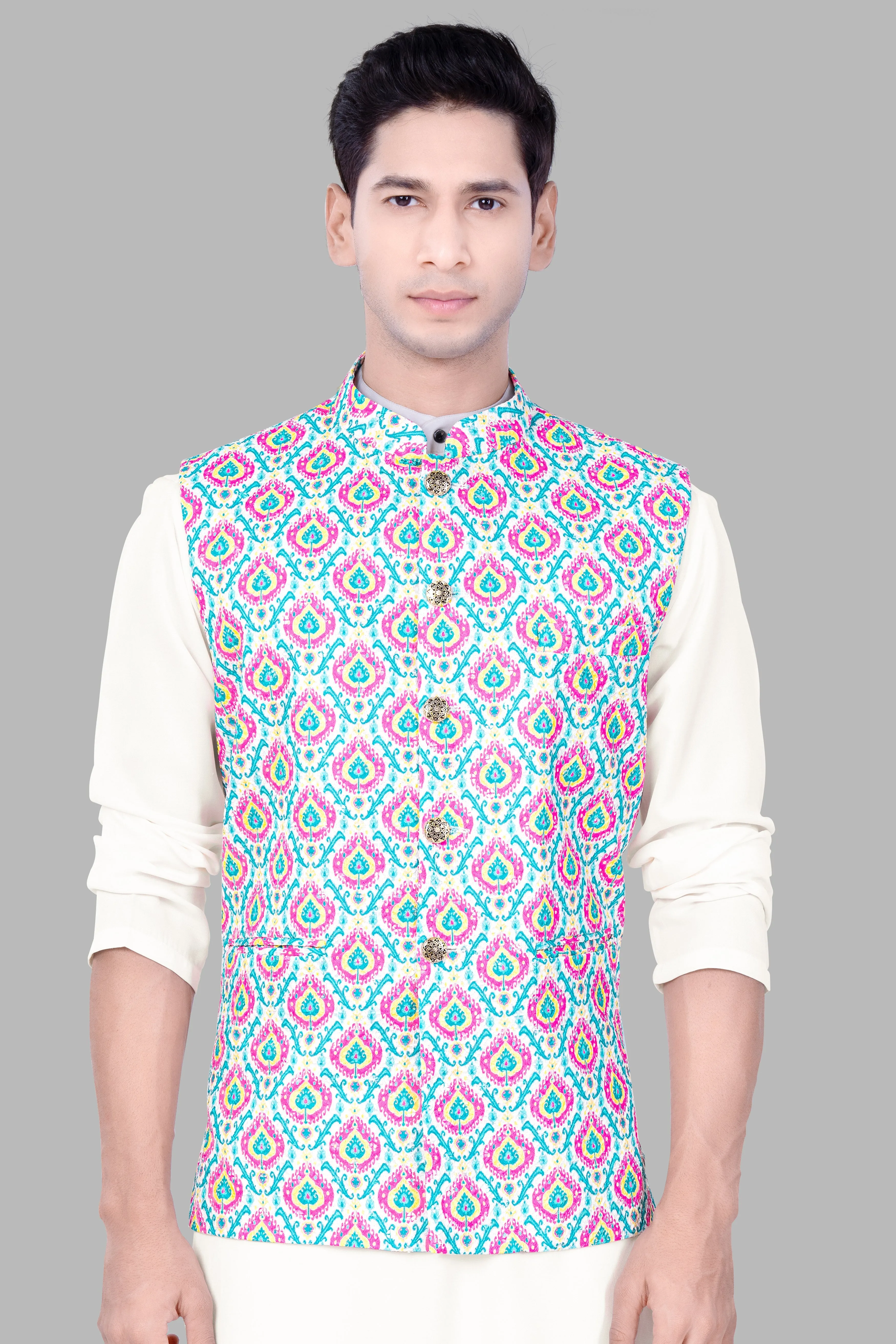 Bright White And lllusion Pink Designer Thread Embroidered Nehru Jacket sold by French Crown product image thumbnail 2