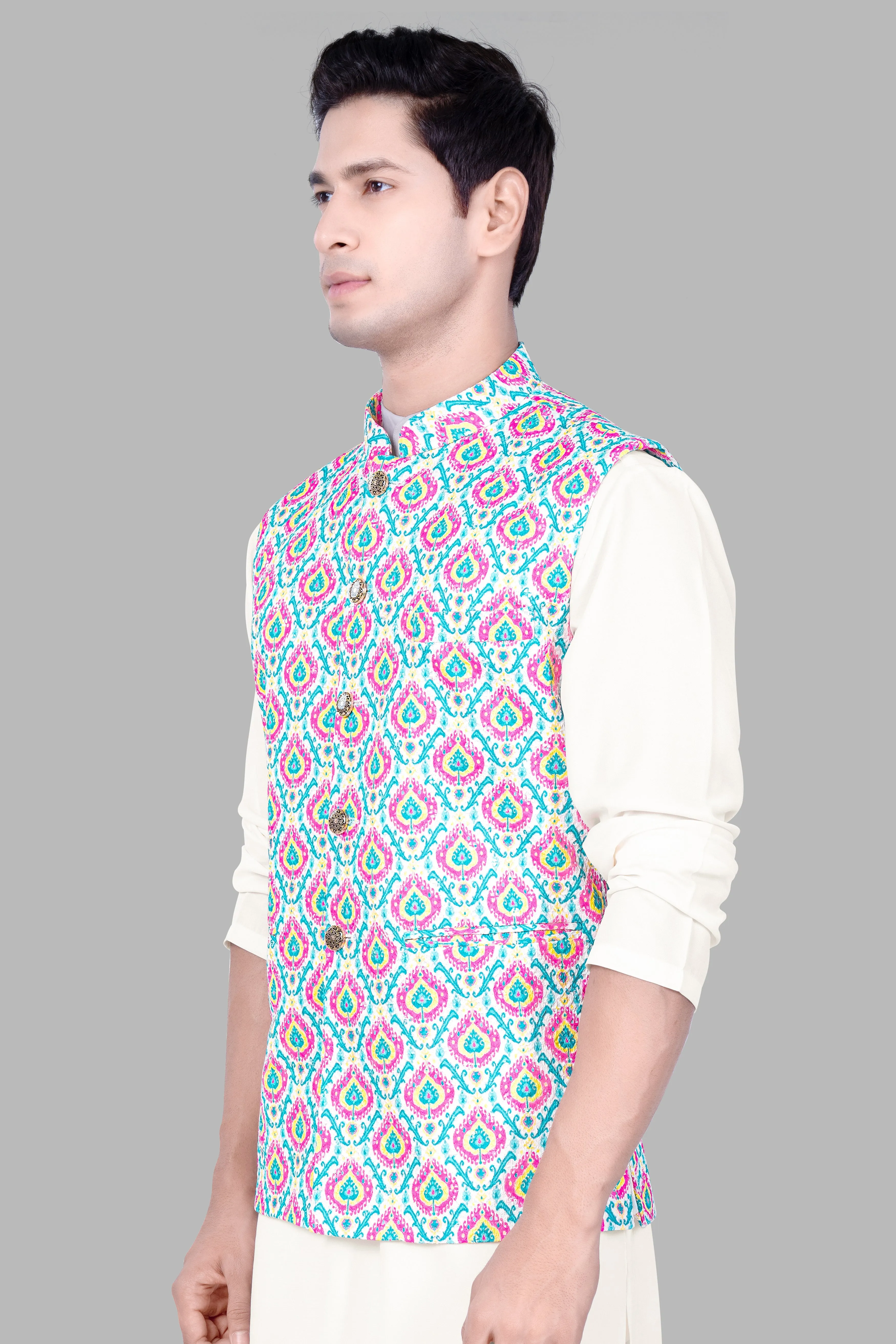 Bright White And lllusion Pink Designer Thread Embroidered Nehru Jacket sold by French Crown product image thumbnail 5