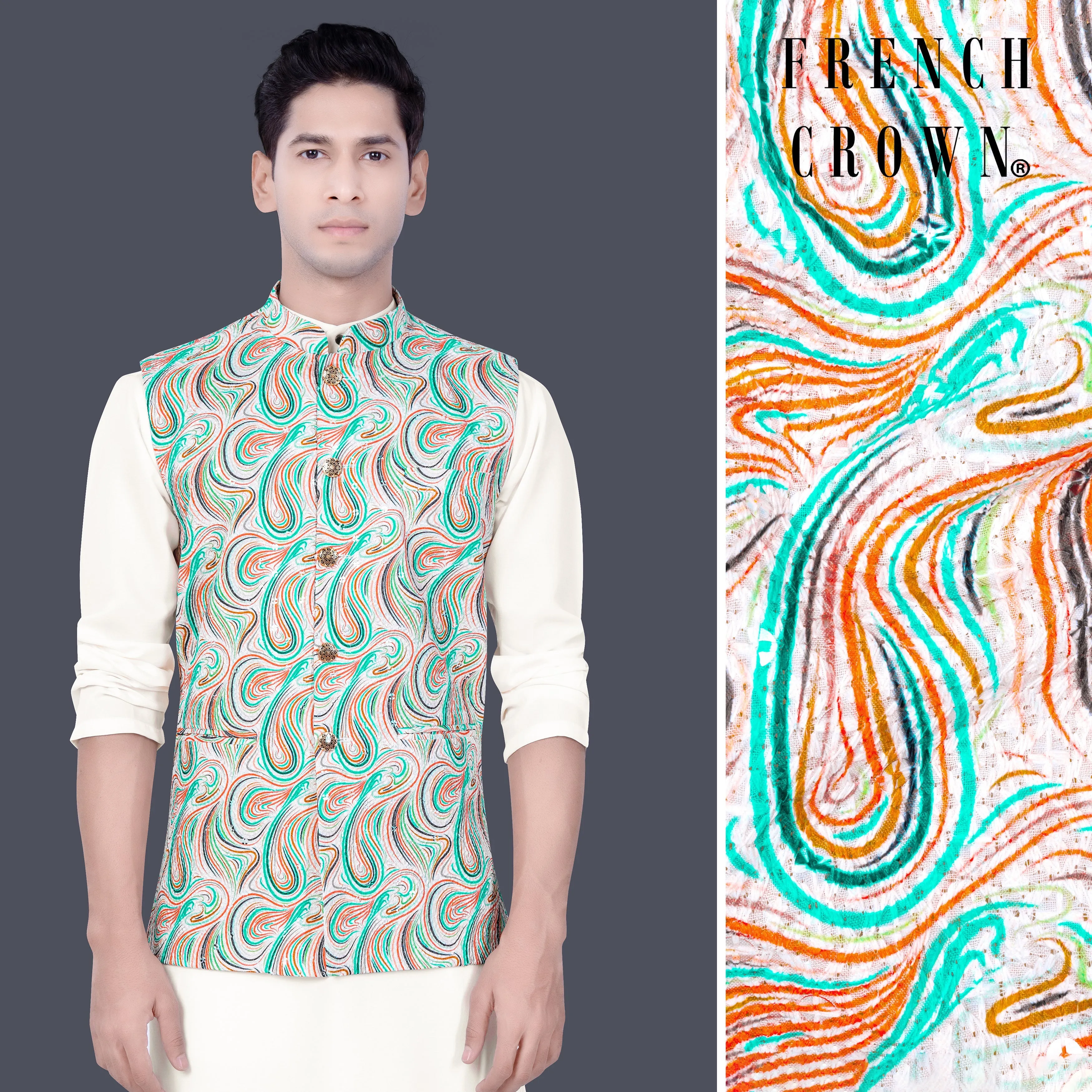 Bright White And Turquoise Blue MultiColour Designer Thread Embroidered Nehru Jacket sold by French Crown