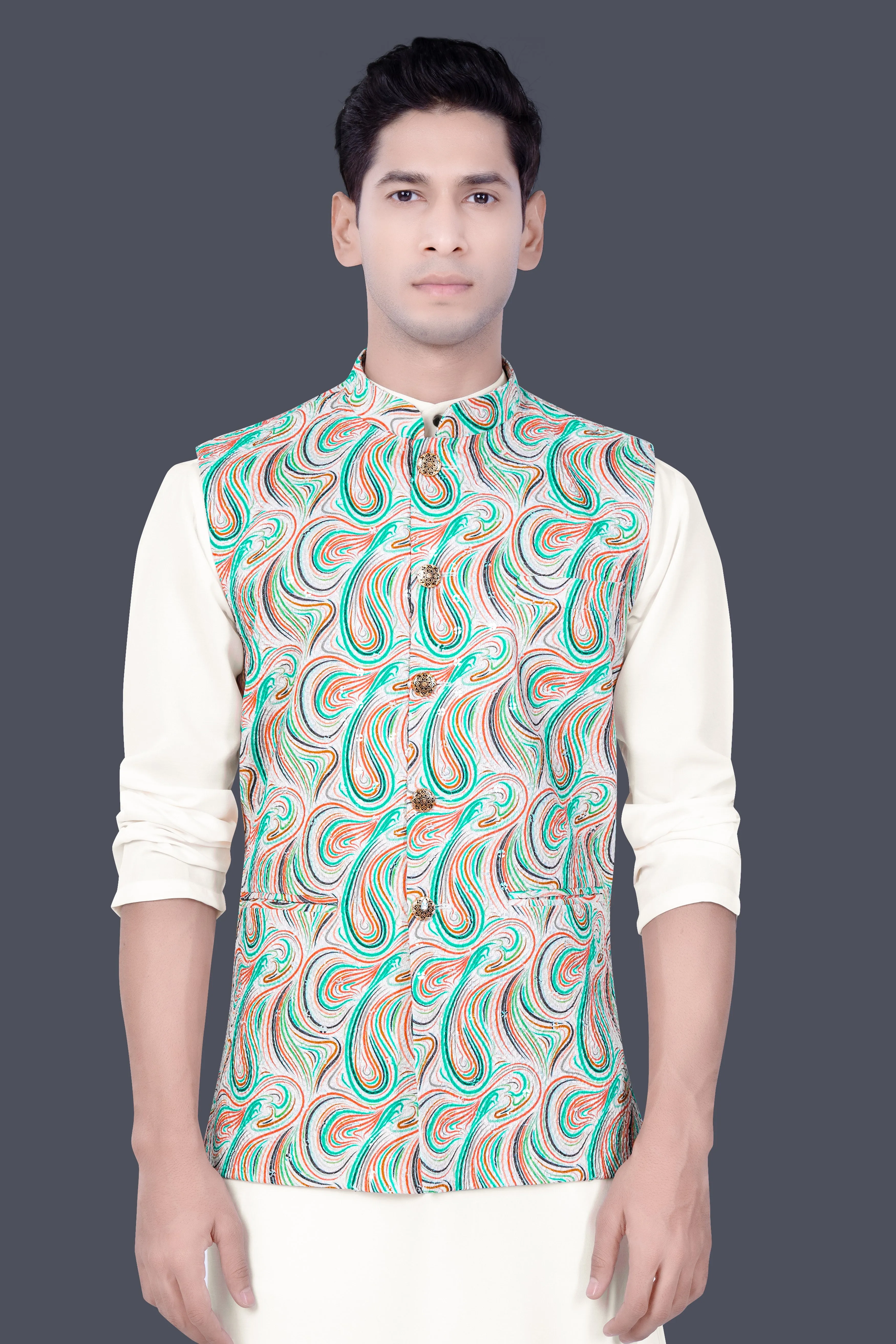Bright White And Turquoise Blue MultiColour Designer Thread Embroidered Nehru Jacket sold by French Crown product image thumbnail 2