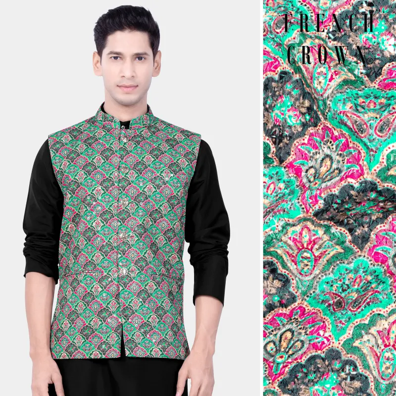 Turquoise Blue And Raspberry Pink Designer Thread Embroidered Nehru Jacket sold by French Crown