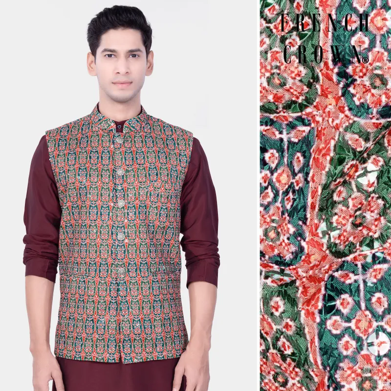 Apricot Red And Genoa Green Designer Thread Embroidered Nehru Jacket sold by French Crown