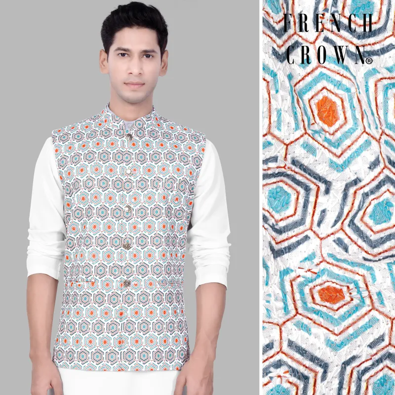 Bright White And Turquoise Blue Designer Embroidered Nehru Jacket sold by French Crown
