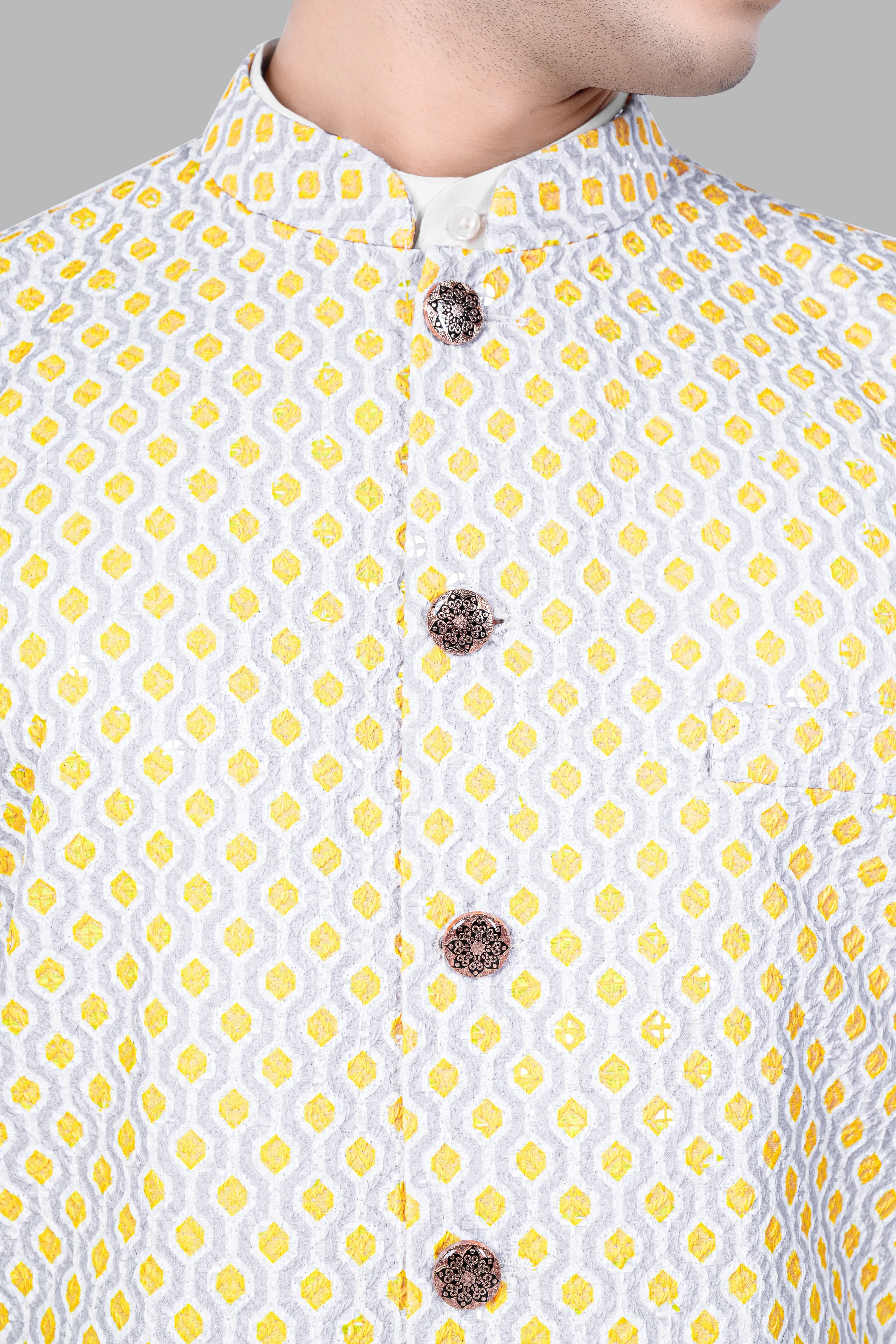 Arylide Yellow And Ghost Gray Designer Embroidered Nehru Jacket sold by French Crown product image thumbnail 4