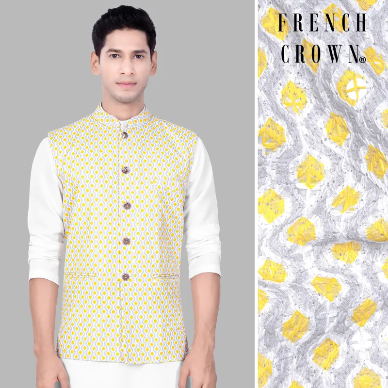 Arylide Yellow And Ghost Gray Designer Embroidered Nehru Jacket sold by French Crown