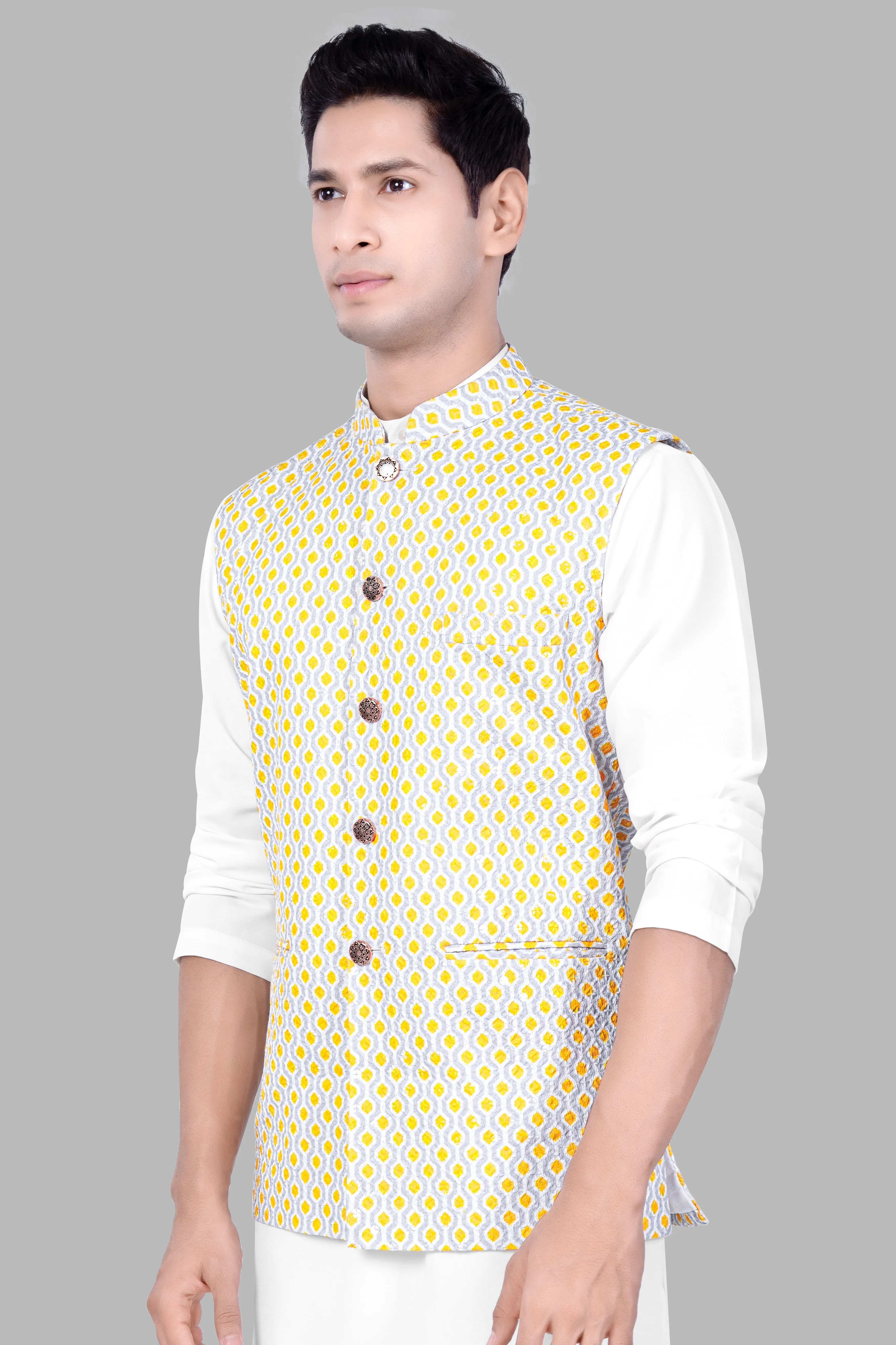 Arylide Yellow And Ghost Gray Designer Embroidered Nehru Jacket sold by French Crown product image thumbnail 5