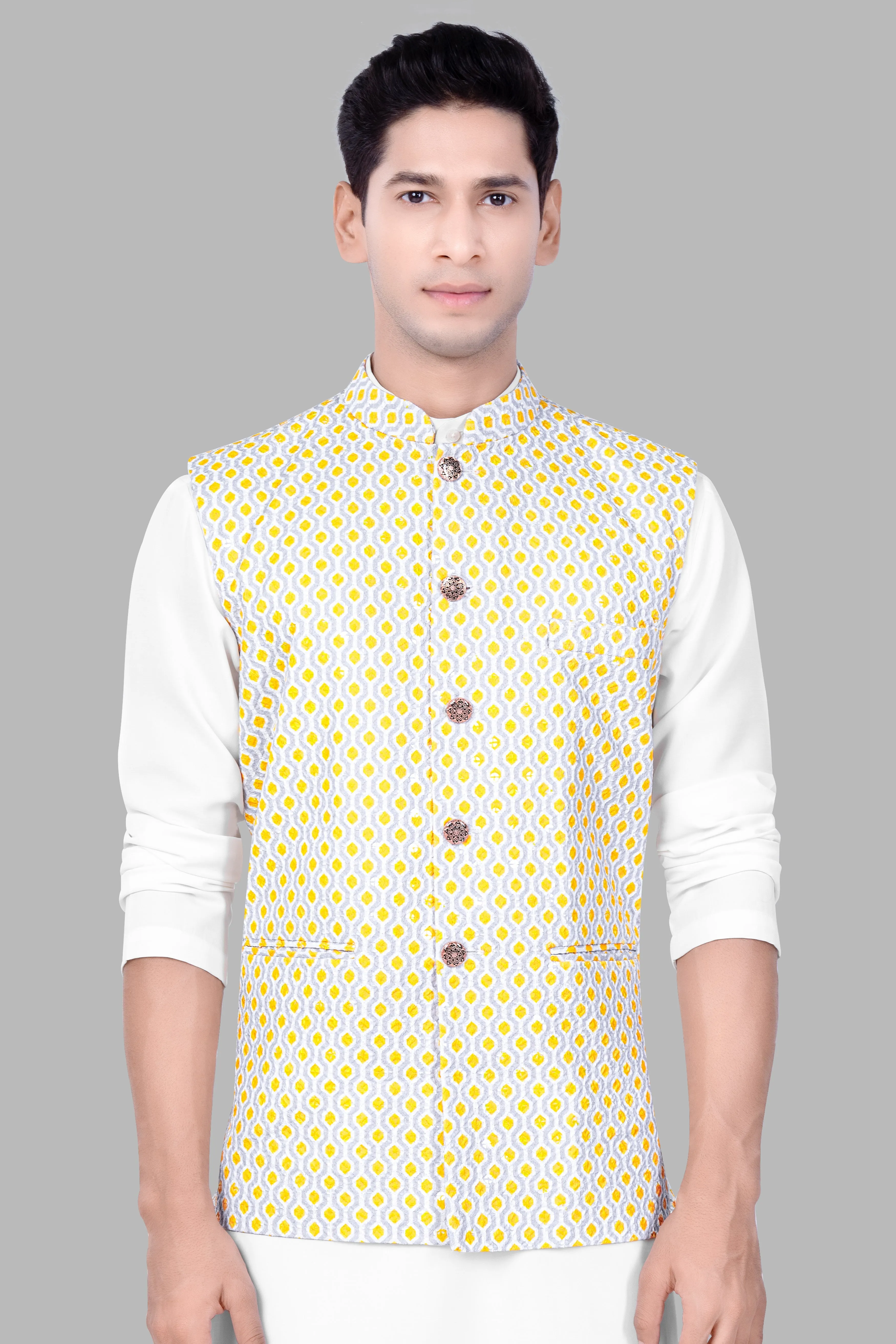 Arylide Yellow And Ghost Gray Designer Embroidered Nehru Jacket sold by French Crown product image thumbnail 2