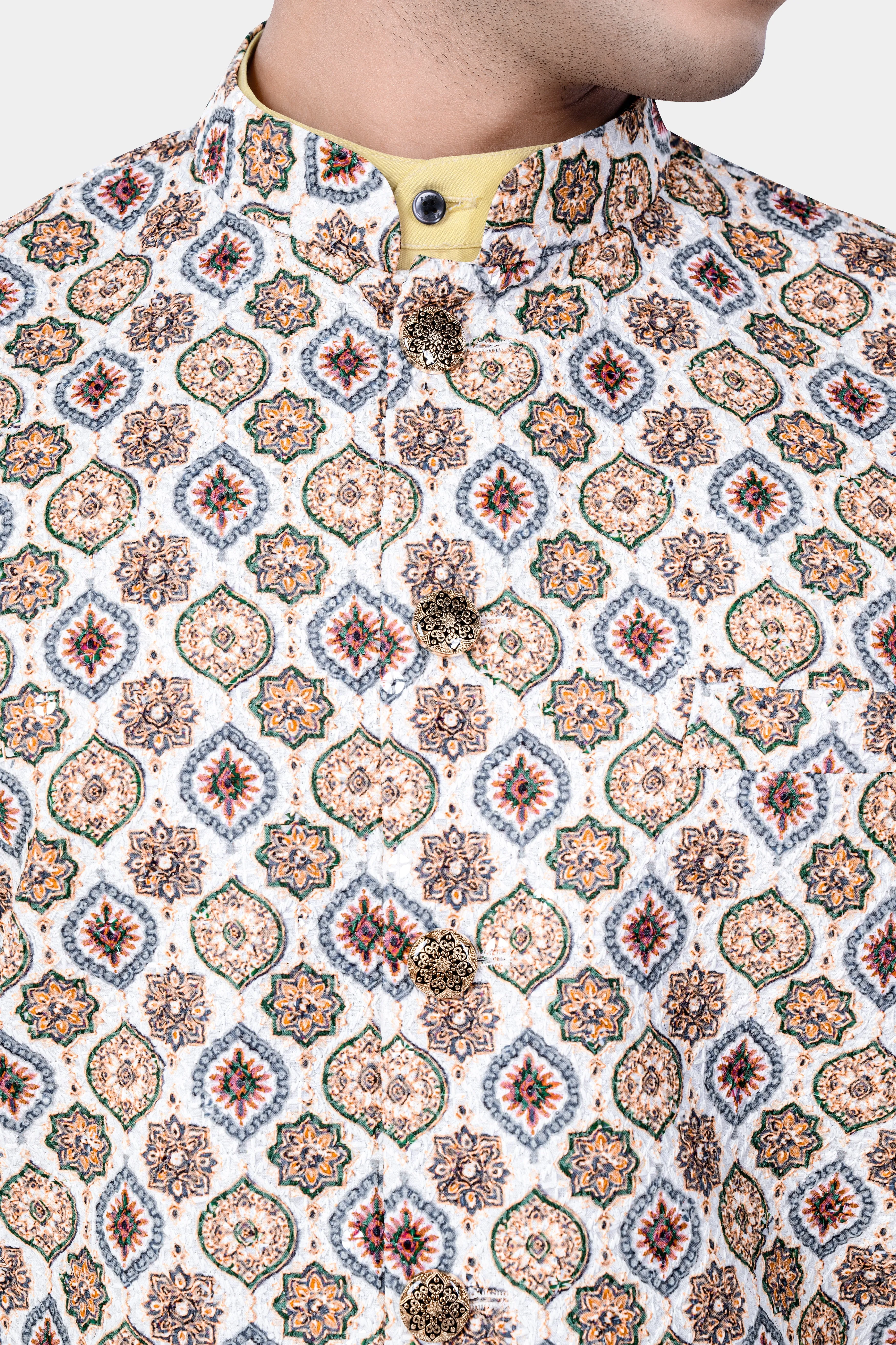 Bright White And Spruce Green Designer Embroidered Nehru Jacket sold by French Crown product image thumbnail 4