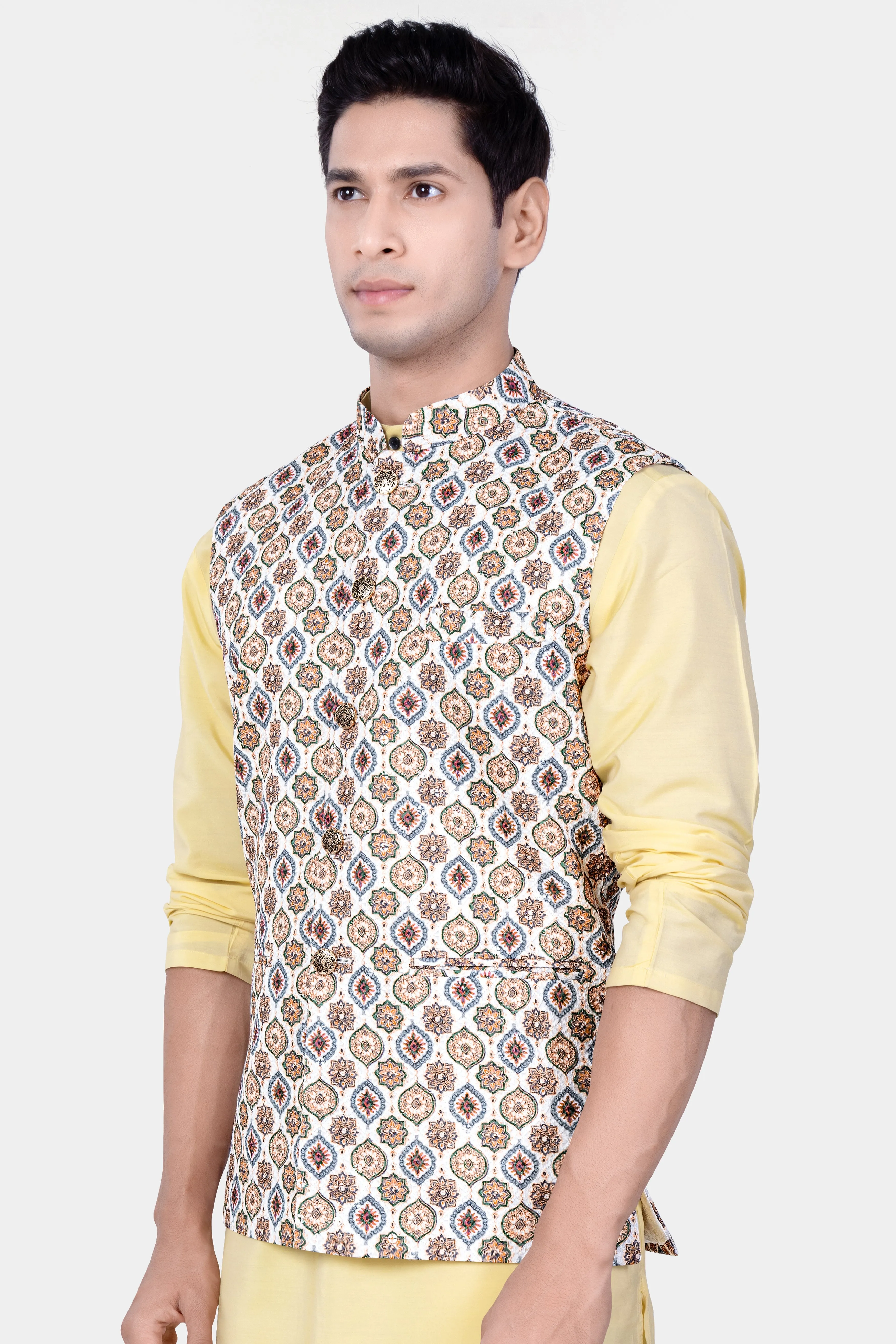 Bright White And Spruce Green Designer Embroidered Nehru Jacket sold by French Crown product image thumbnail 5