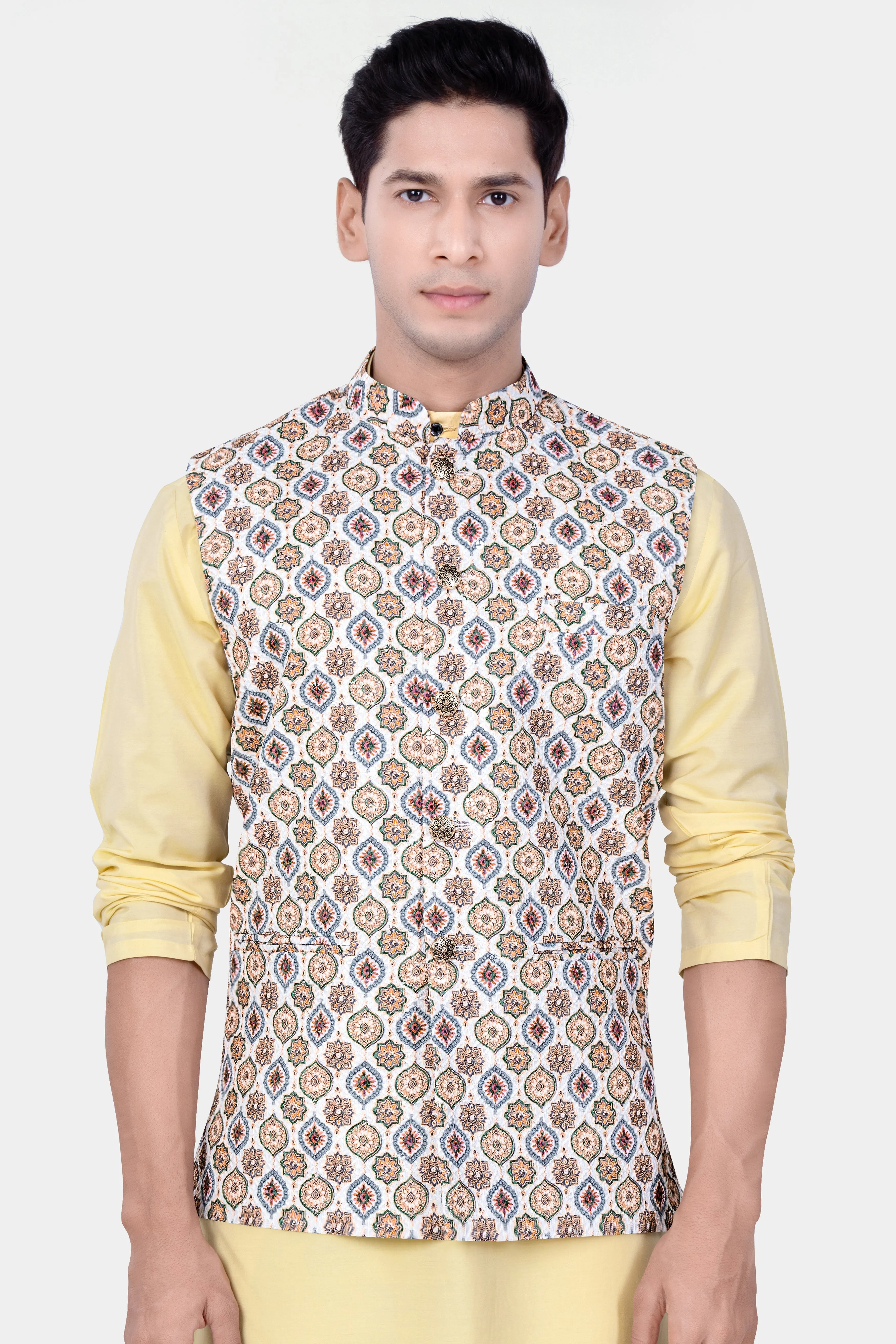 Bright White And Spruce Green Designer Embroidered Nehru Jacket sold by French Crown product image thumbnail 2