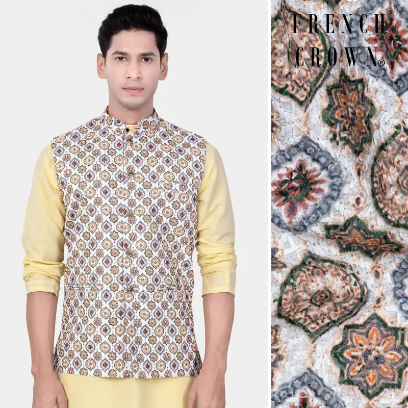 Bright White And Spruce Green Designer Embroidered Nehru Jacket sold by French Crown